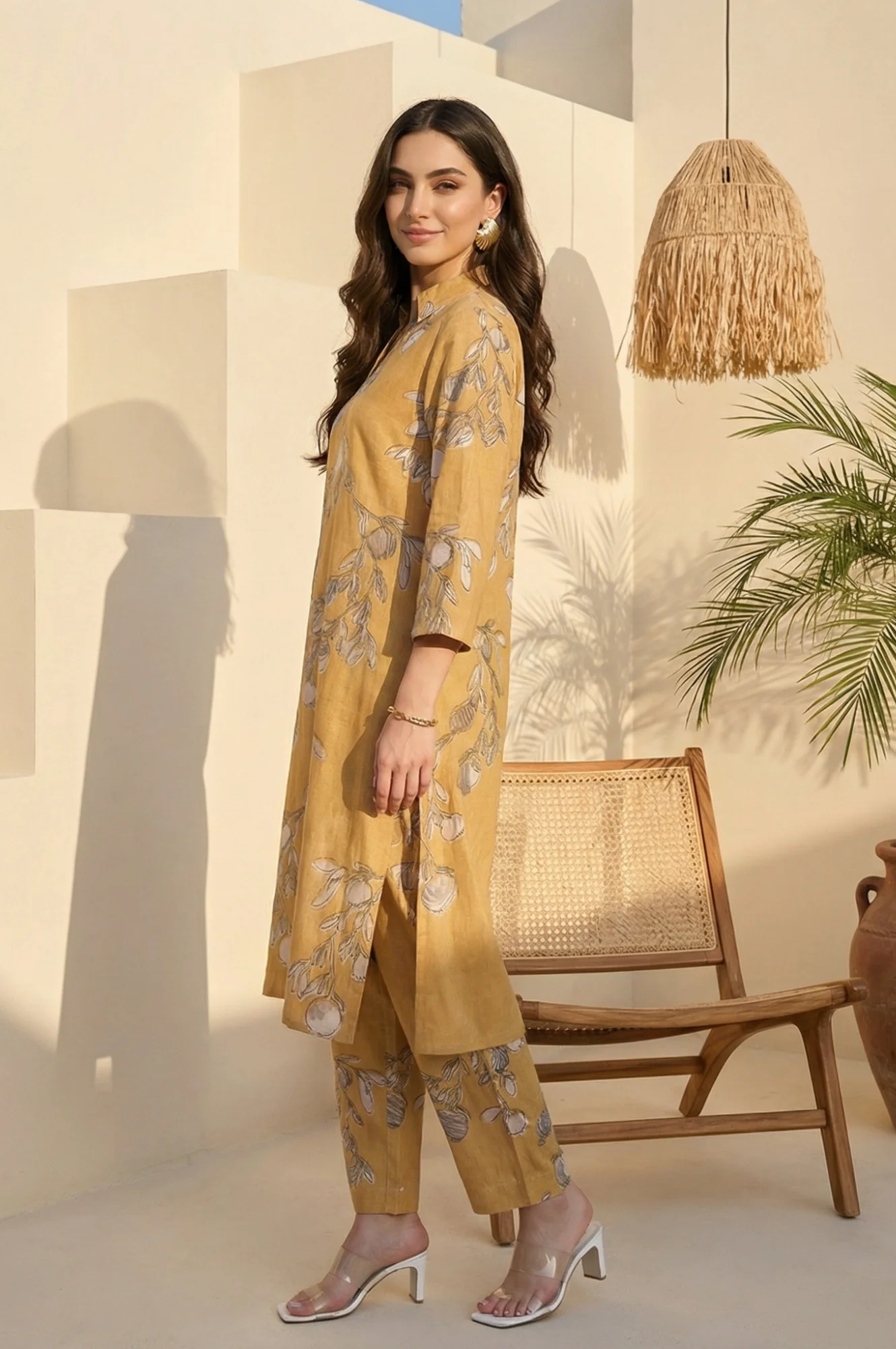 Mustard Floral Printed Rayon Flax Straight Kurta with Pants Set - Image 3