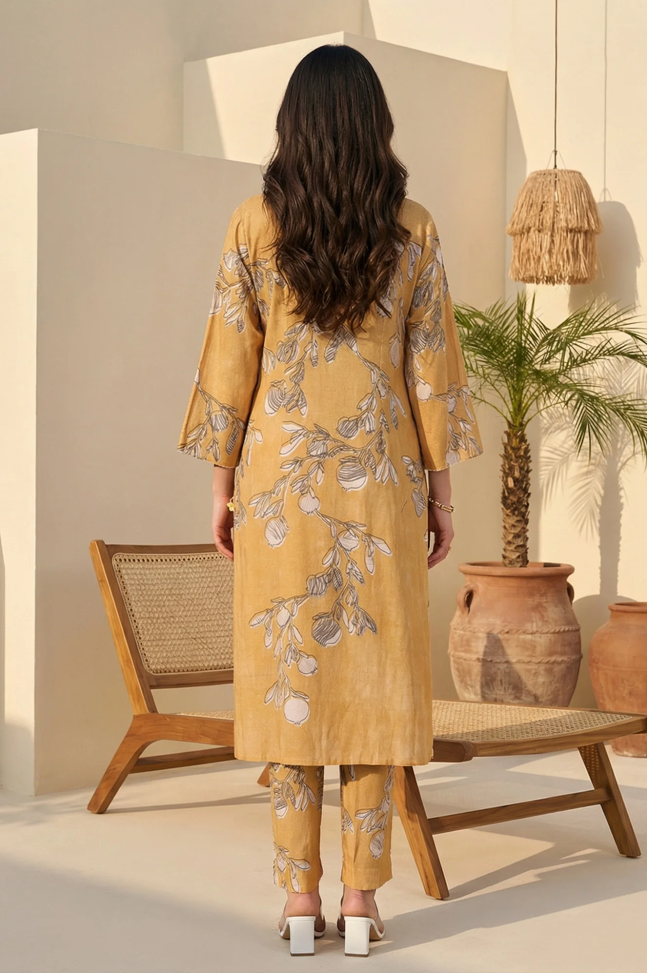 Mustard Floral Printed Rayon Flax Straight Kurta with Pants Set - Image 4