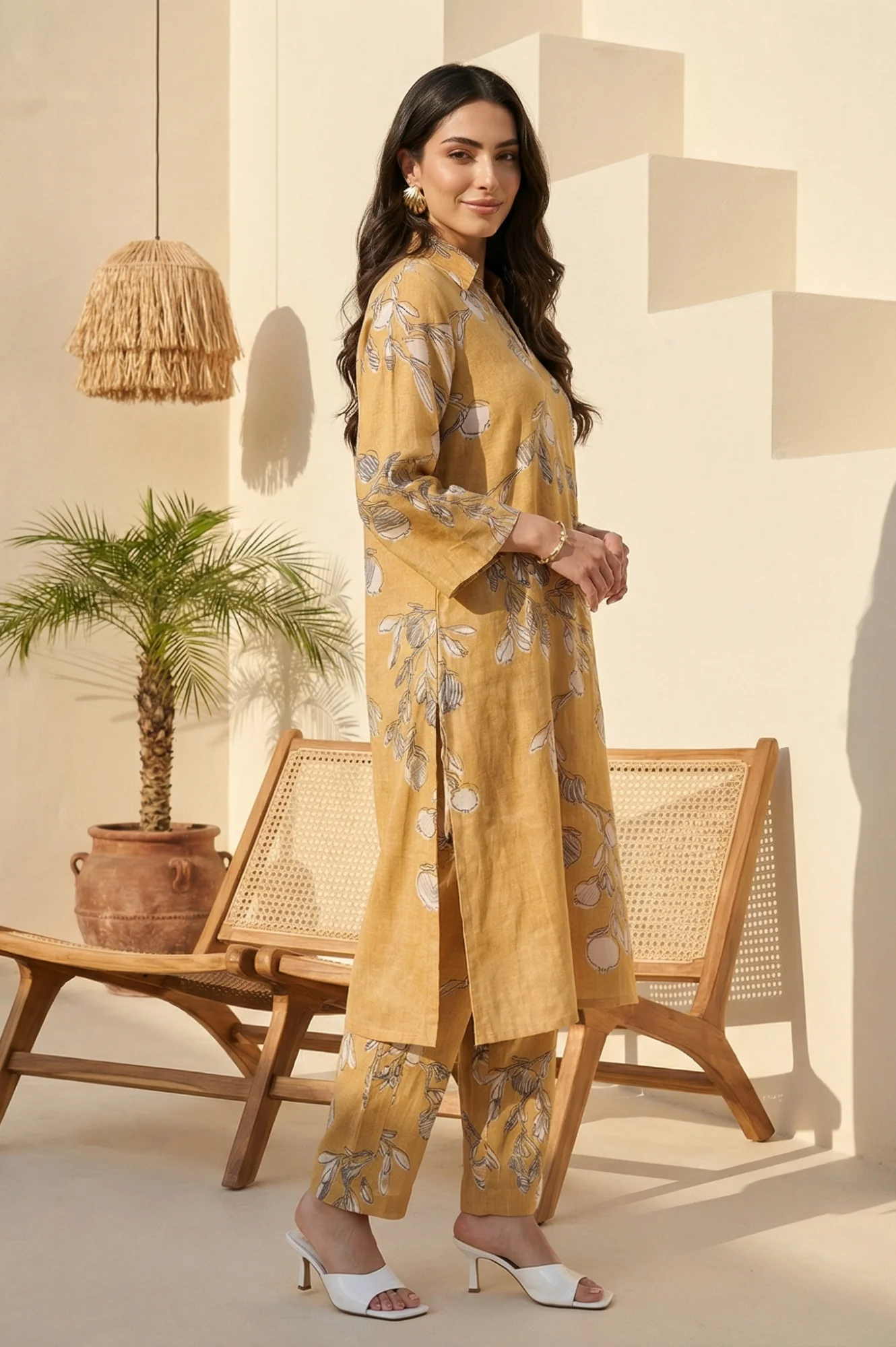 Mustard Floral Printed Rayon Flax Straight Kurta with Pants Set - Image 5