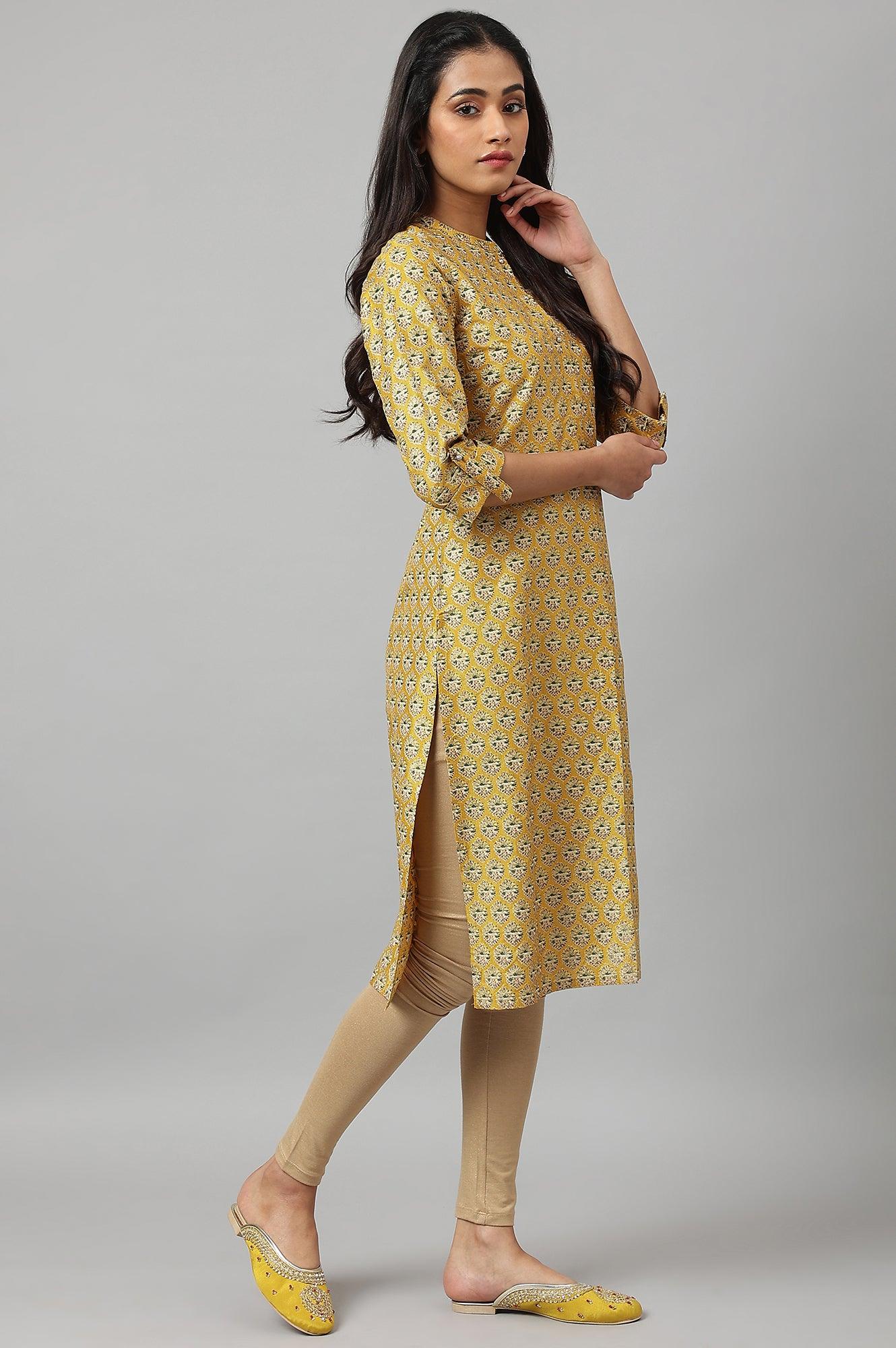 Mustard Glitter Printed kurta In Mandarin Collar - Image 6