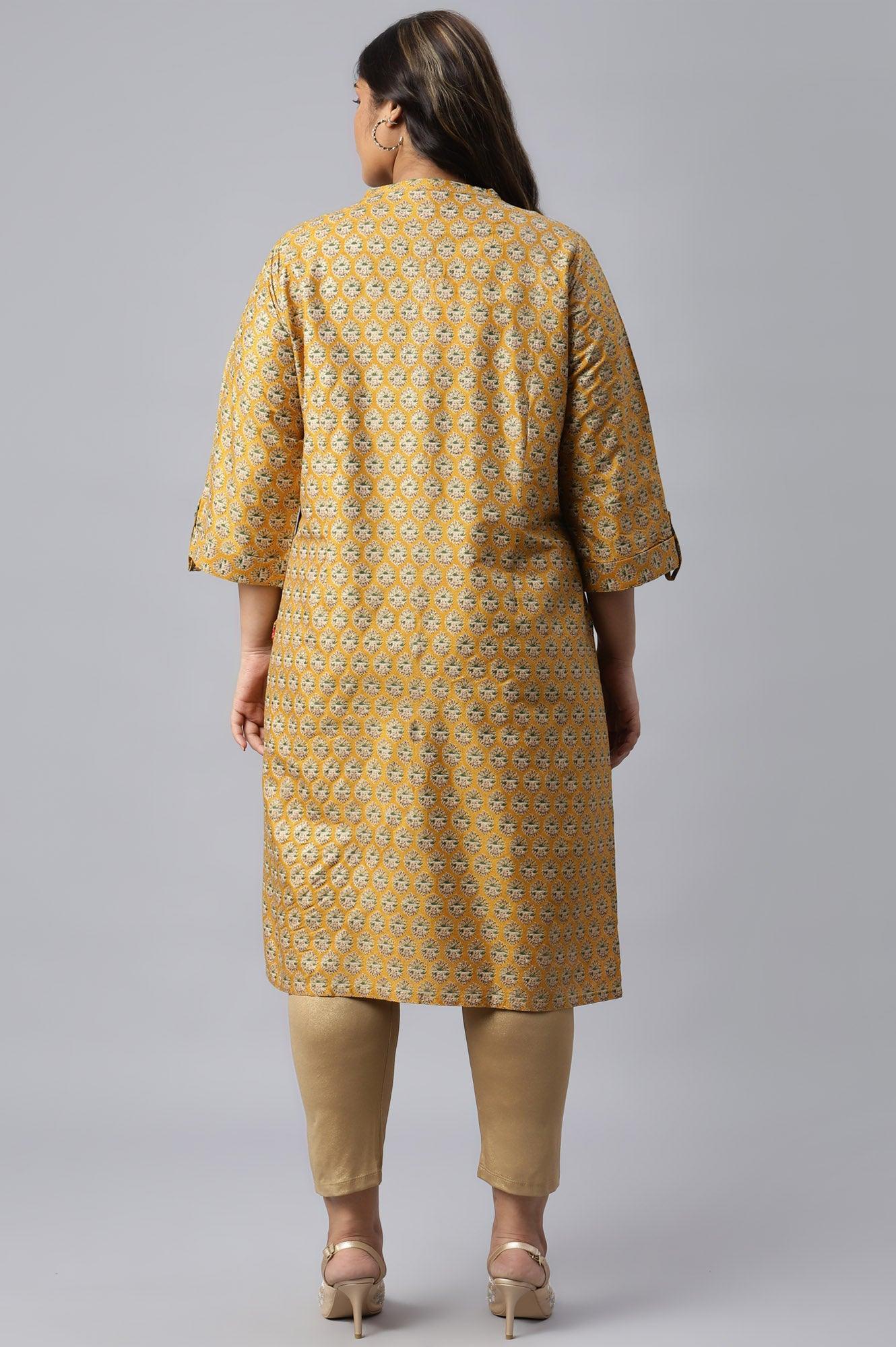 Mustard Glitter Printed Plus Size kurta In Mandarin Collar - Image 2