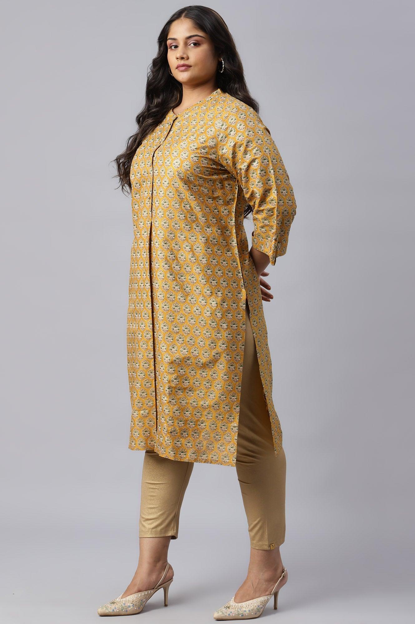 Mustard Glitter Printed Plus Size kurta In Mandarin Collar - Image 3