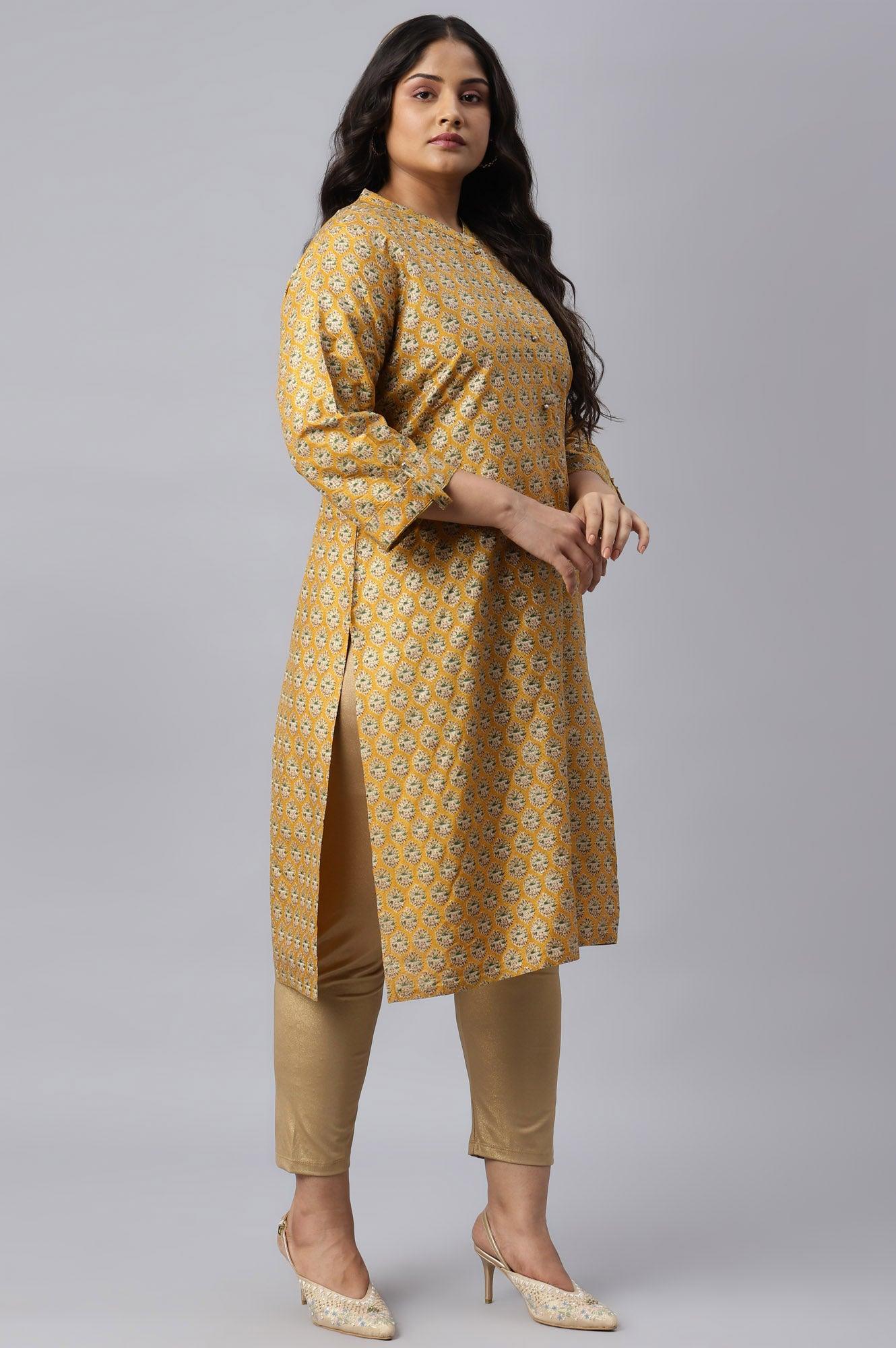 Mustard Glitter Printed Plus Size kurta In Mandarin Collar - Image 4