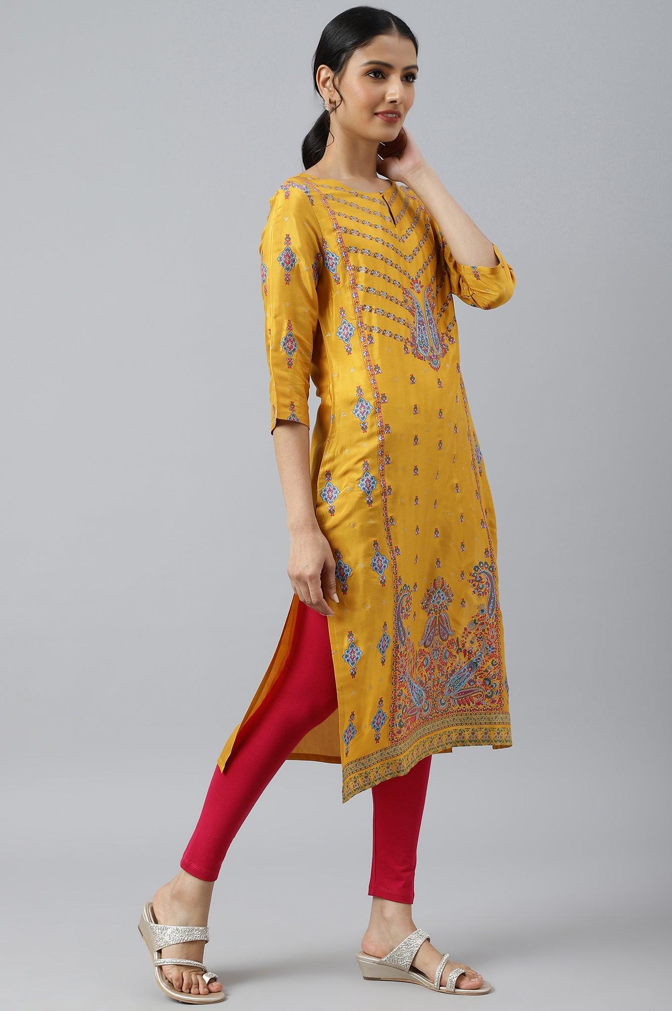 Mustard Glitter Printed Shantung kurta - Image 6