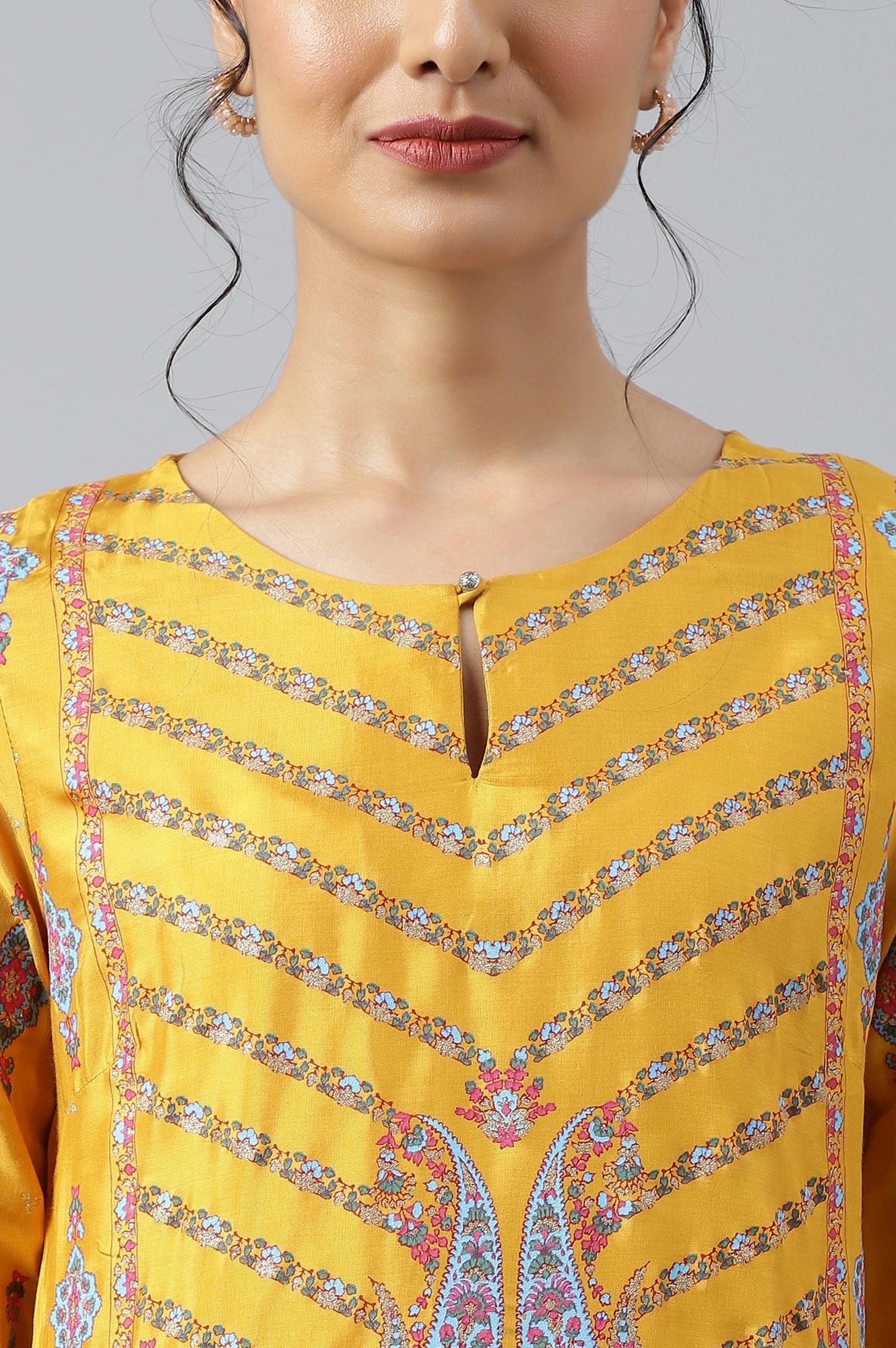 Mustard Glitter Printed Shantung kurta - Image 8