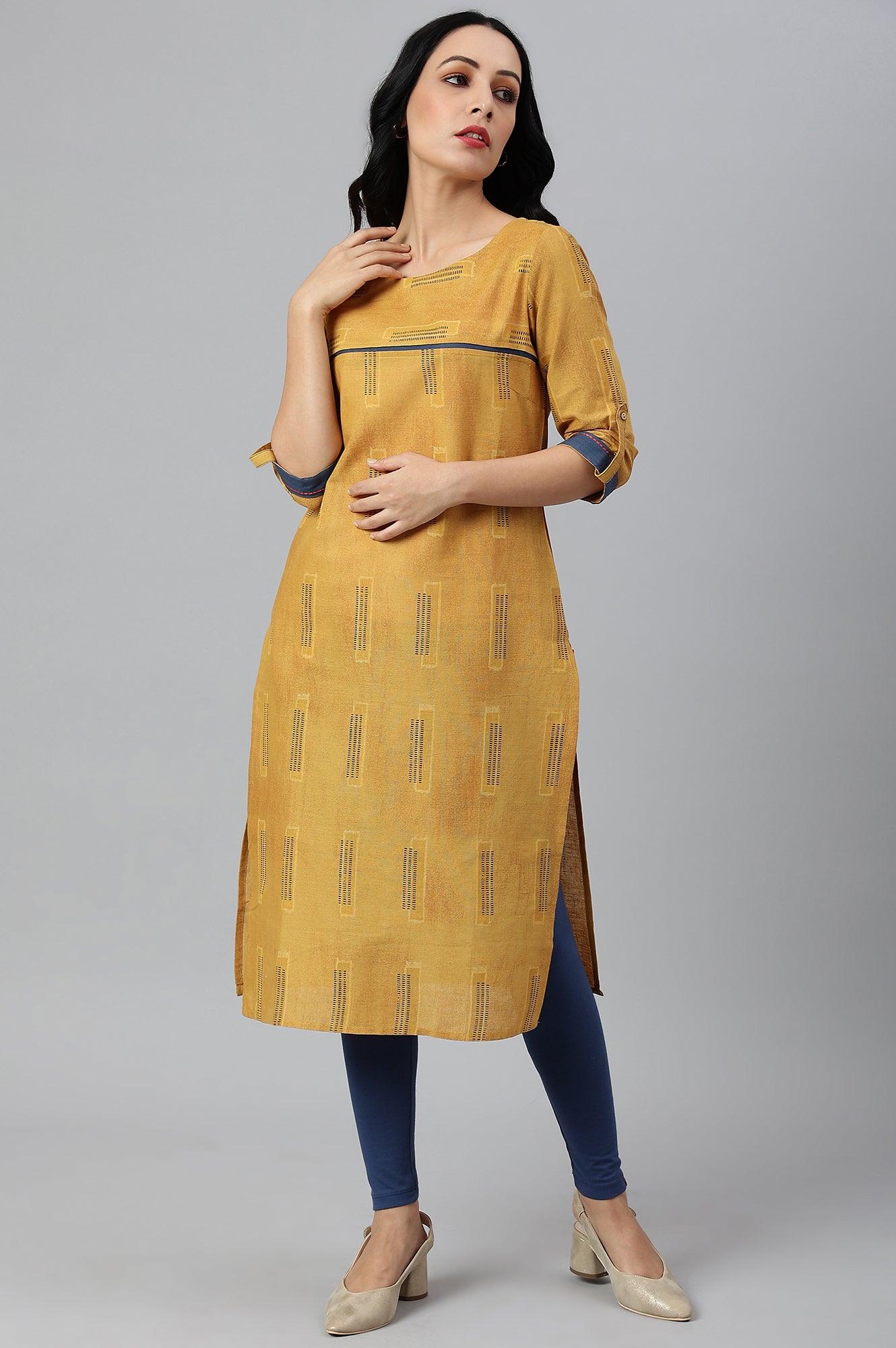 Mustard Kantha Printed Contemporary kurta - Image 6