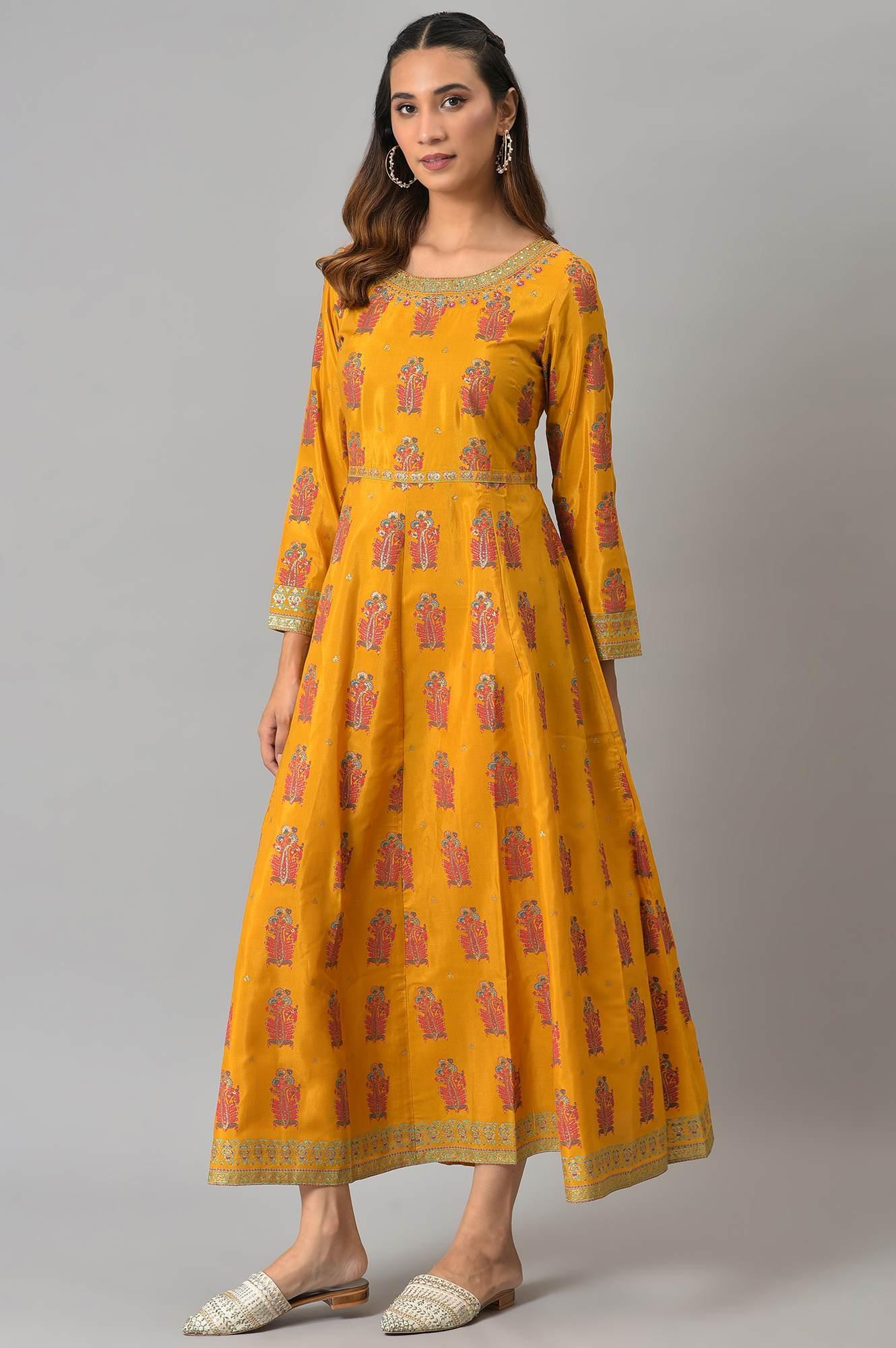 Mustard Paisley Printed Embroidered Ethnic Dress - Image 4