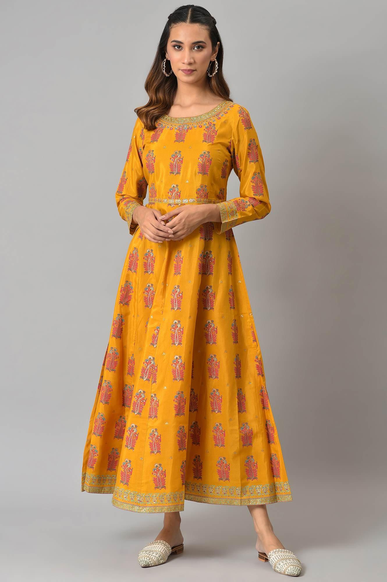 Mustard Paisley Printed Embroidered Ethnic Dress - Image 7