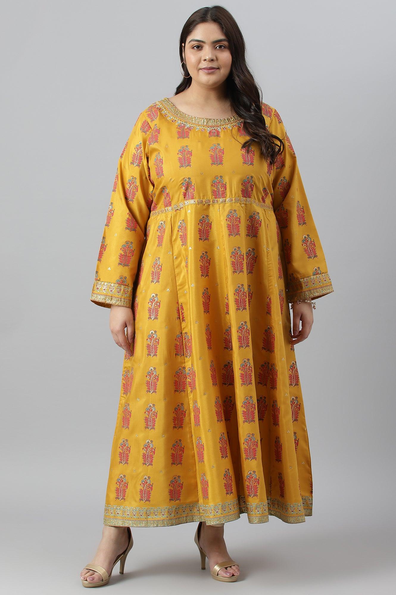 Mustard Paisley Printed Embroidered Plus Size Dress