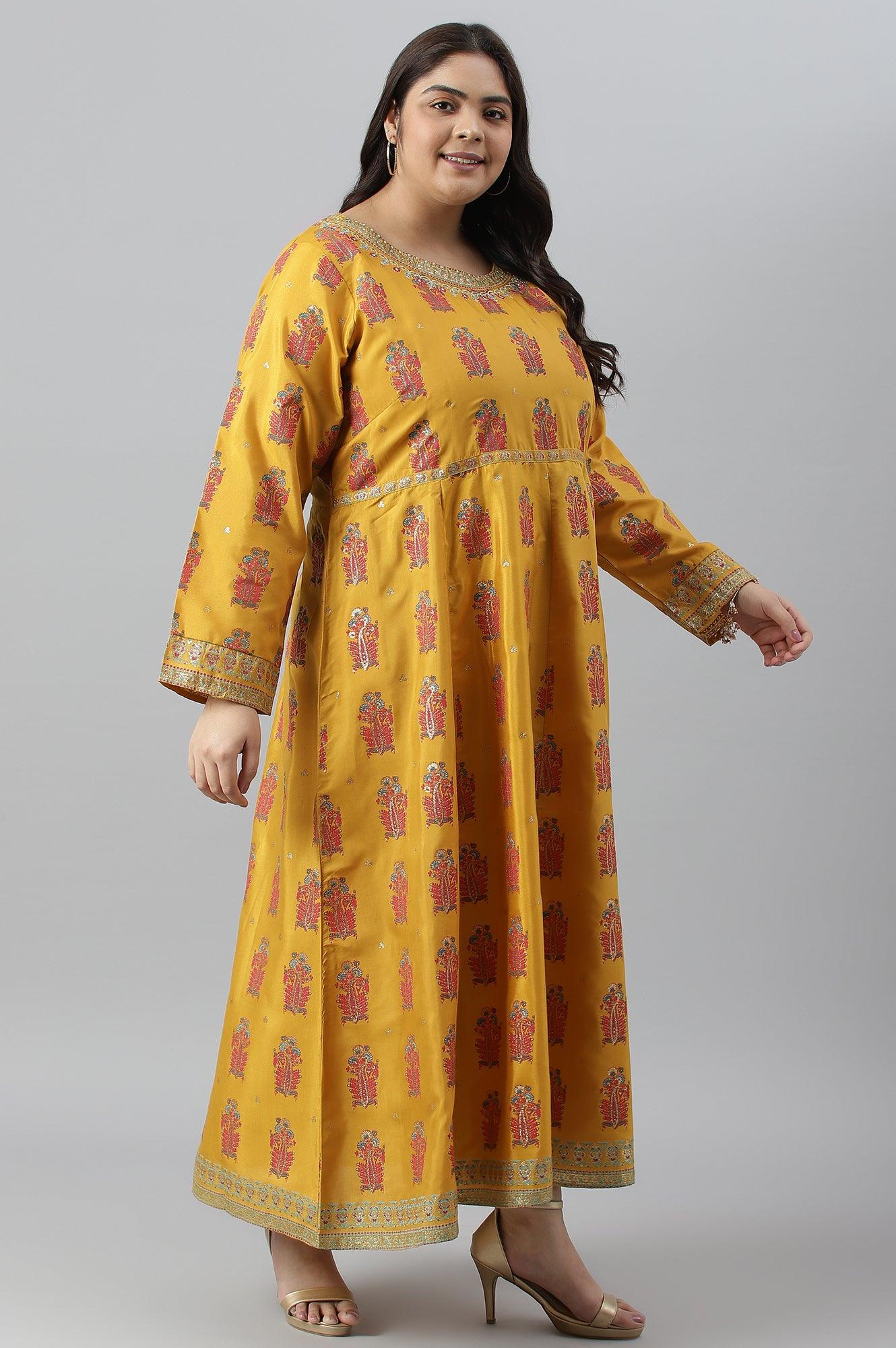 Mustard Paisley Printed Embroidered Plus Size Dress - Image 3