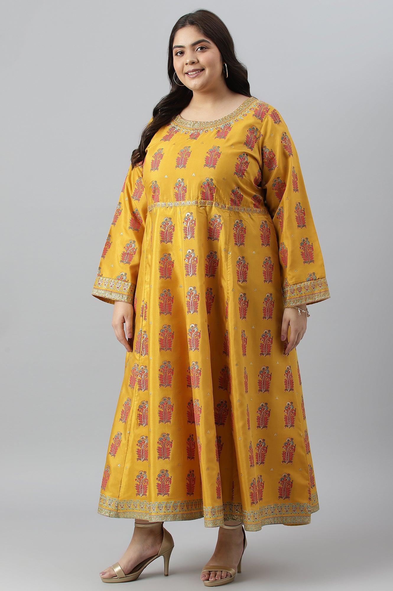 Mustard Paisley Printed Embroidered Plus Size Dress - Image 4