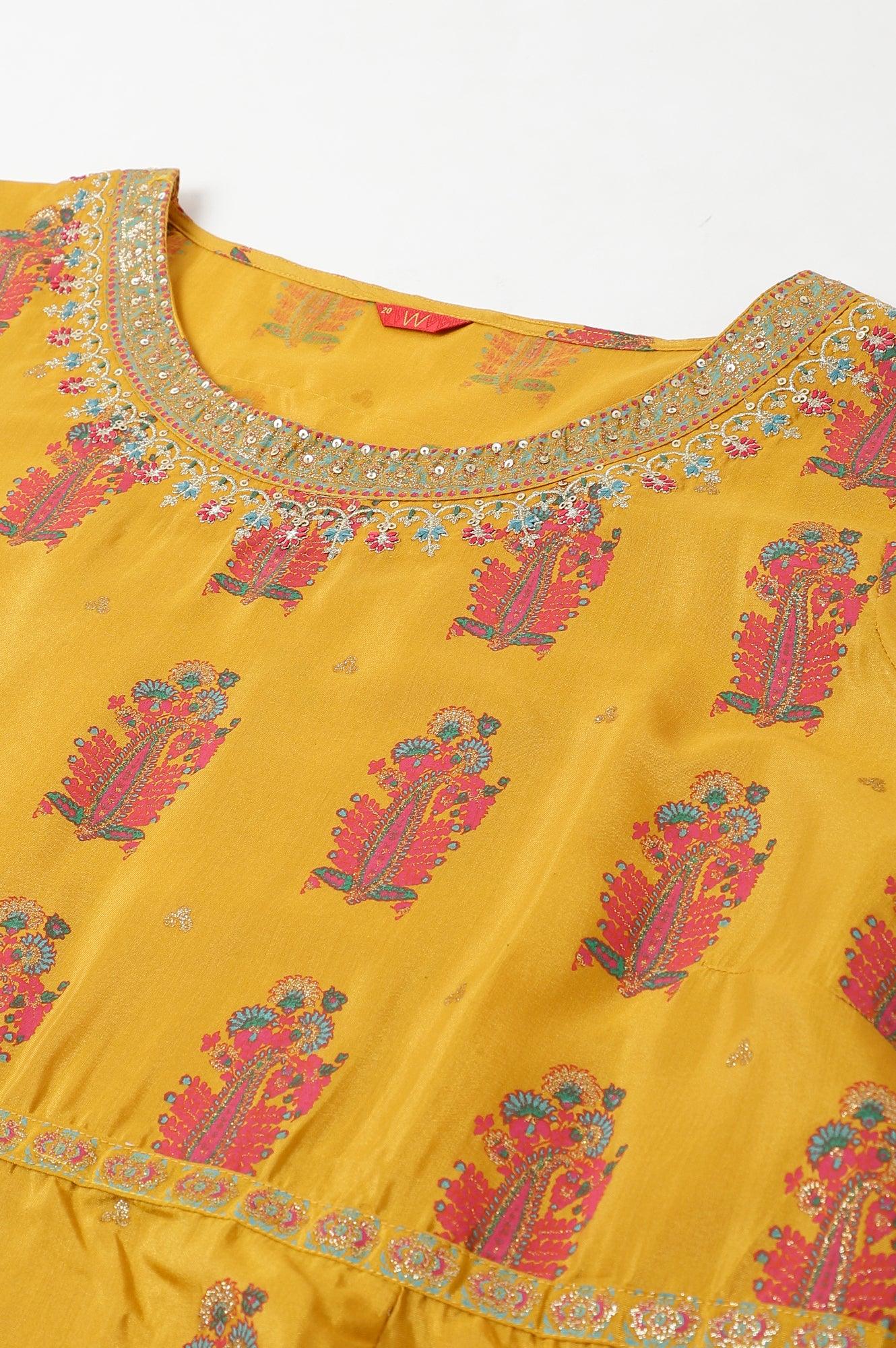 Mustard Paisley Printed Embroidered Plus Size Dress - Image 7
