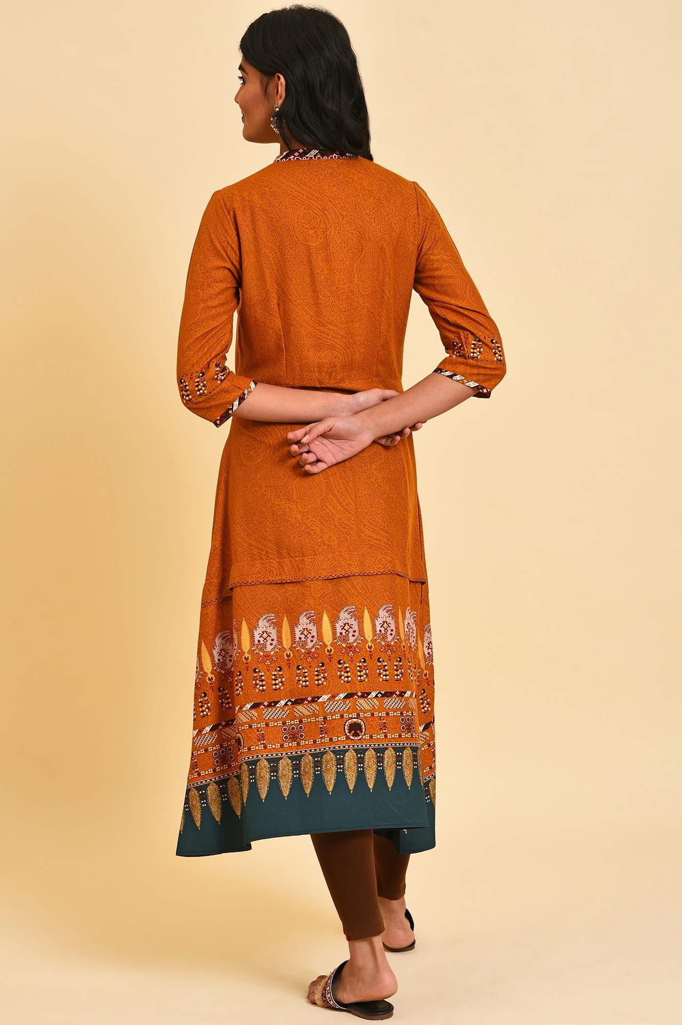 Mustard Printed A-Line Dress Set - Image 2