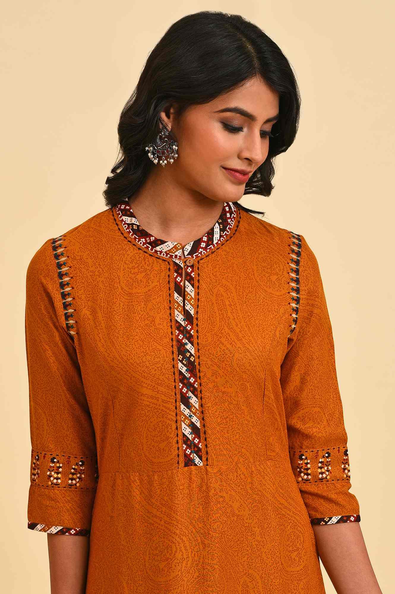 Mustard Printed A-Line Dress Set - Image 5