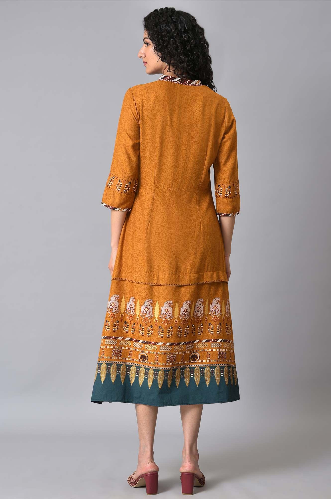 Mustard Printed Plus Size A-Line Dress - Image 2