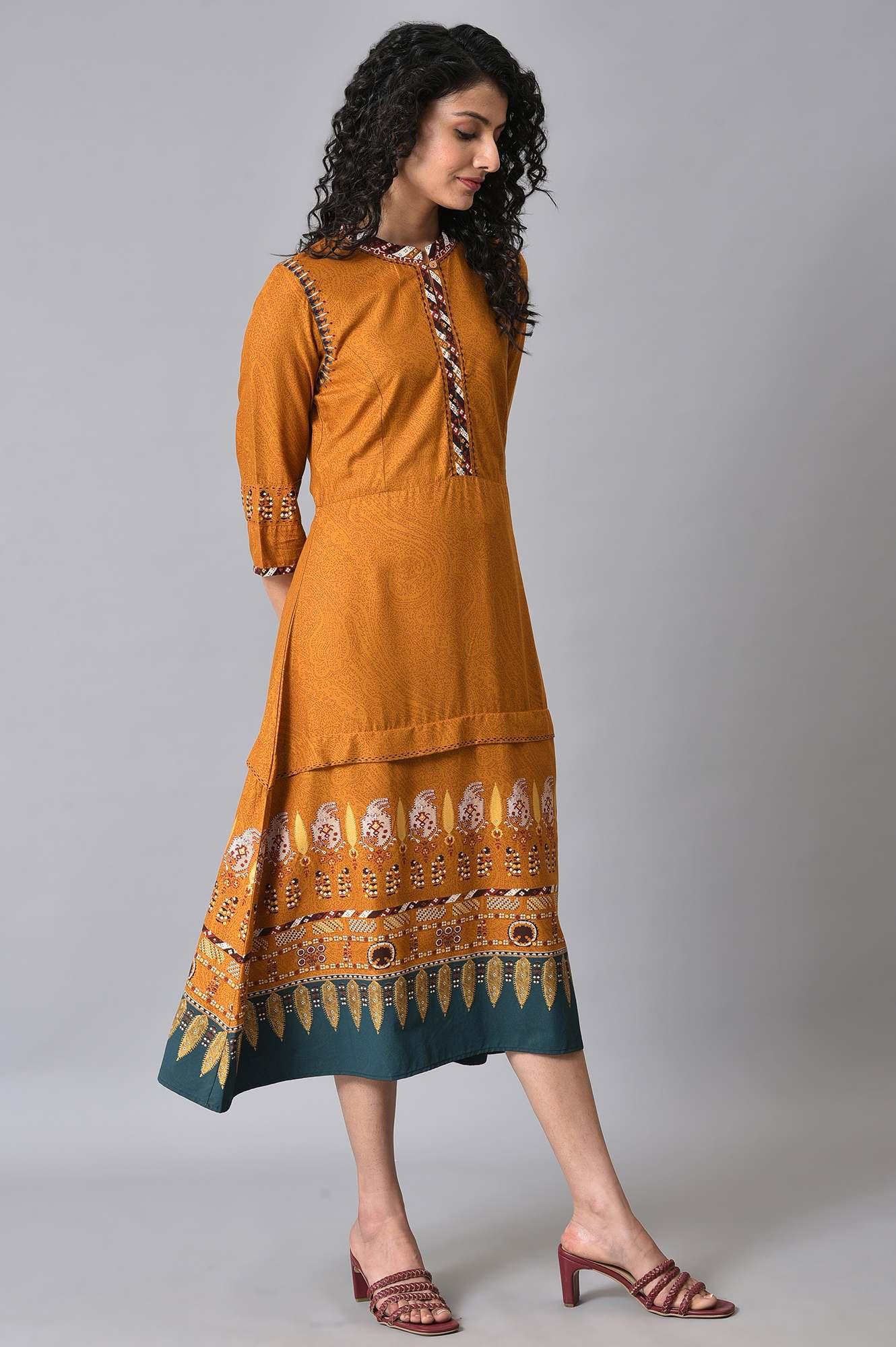 Mustard Printed Plus Size A-Line Dress - Image 4