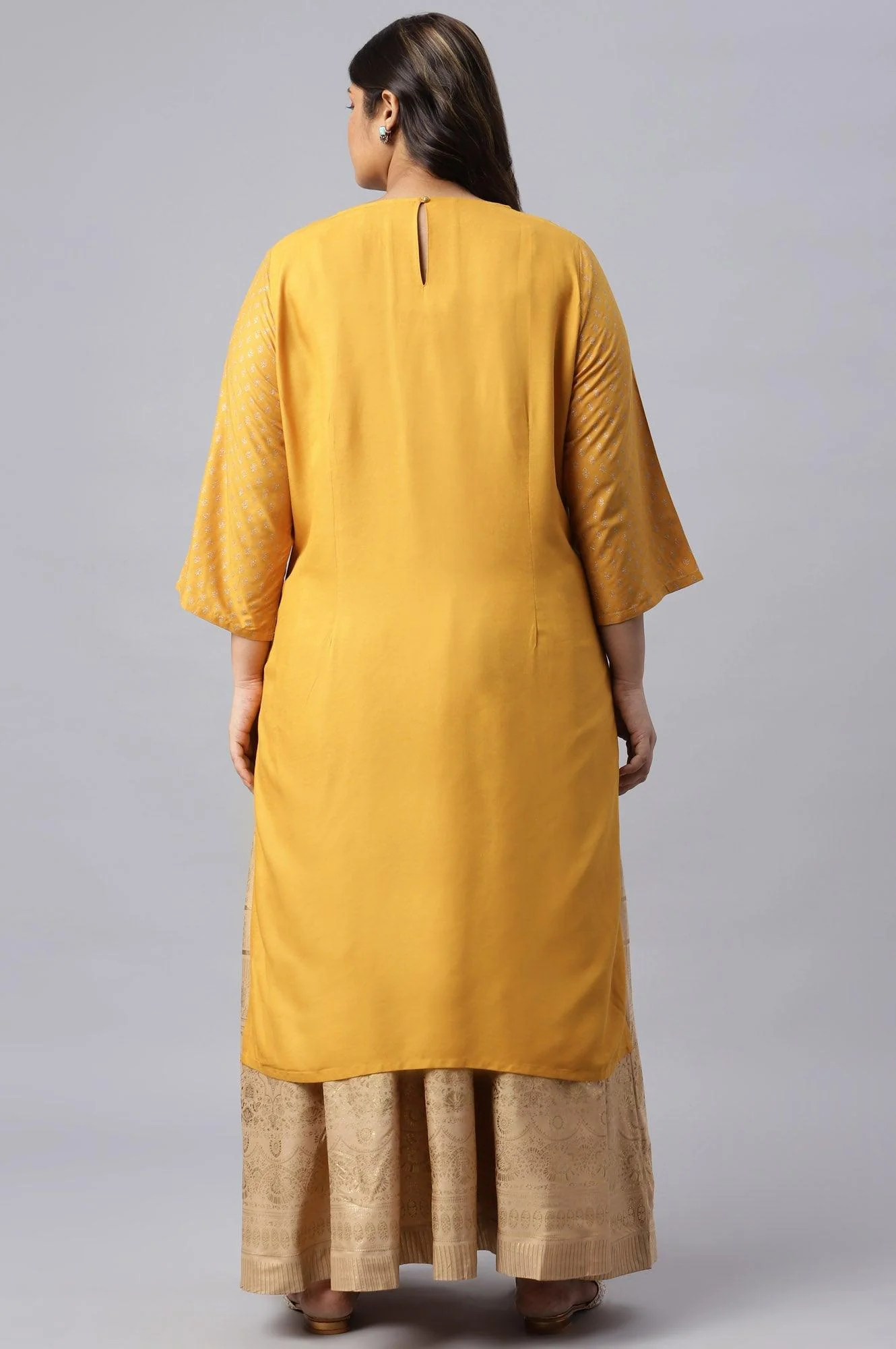 Mustard Printed Plus Size kurta With Metallic Embroidery - Image 2