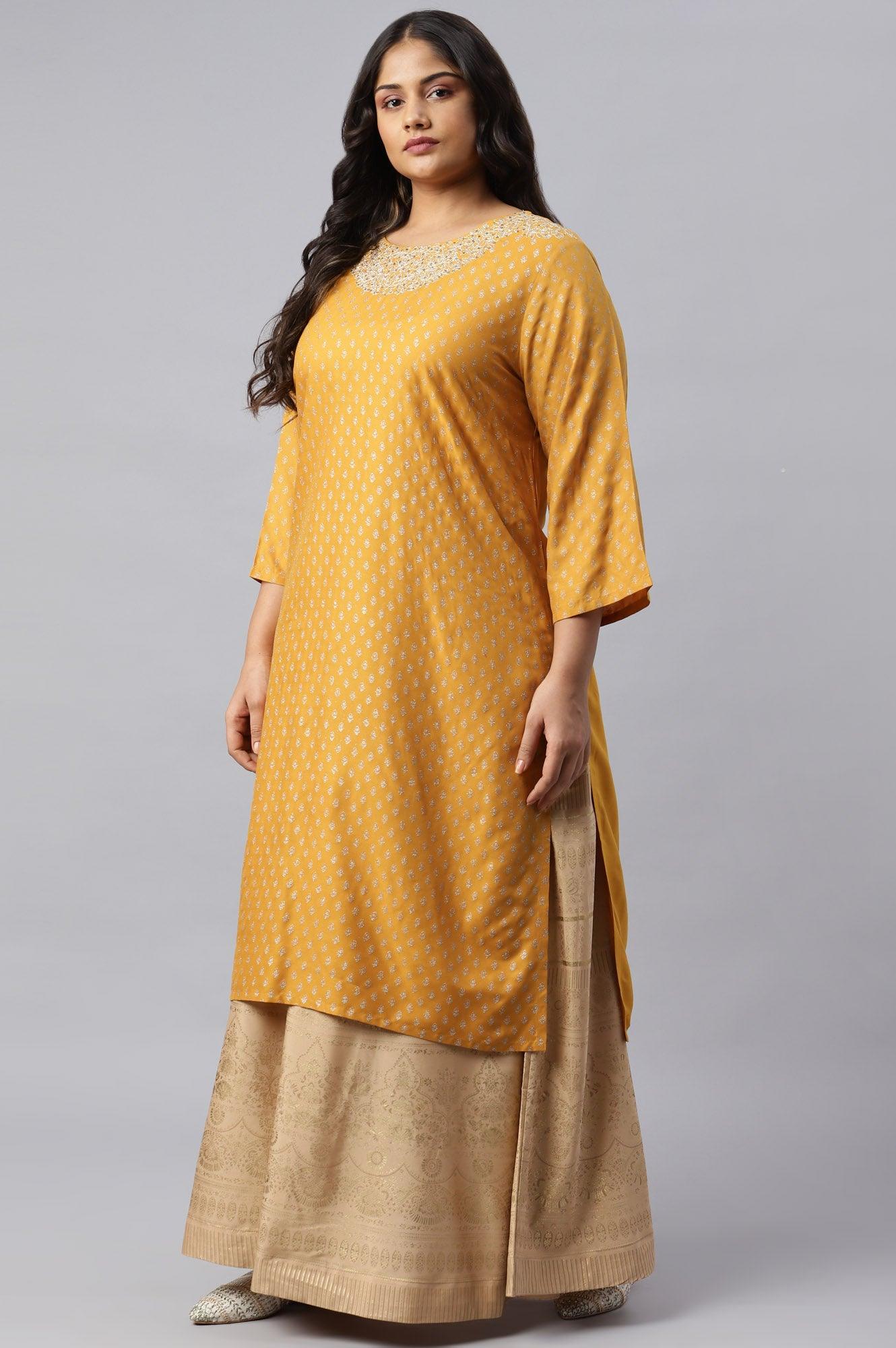 Mustard Printed Plus Size kurta With Metallic Embroidery - Image 3