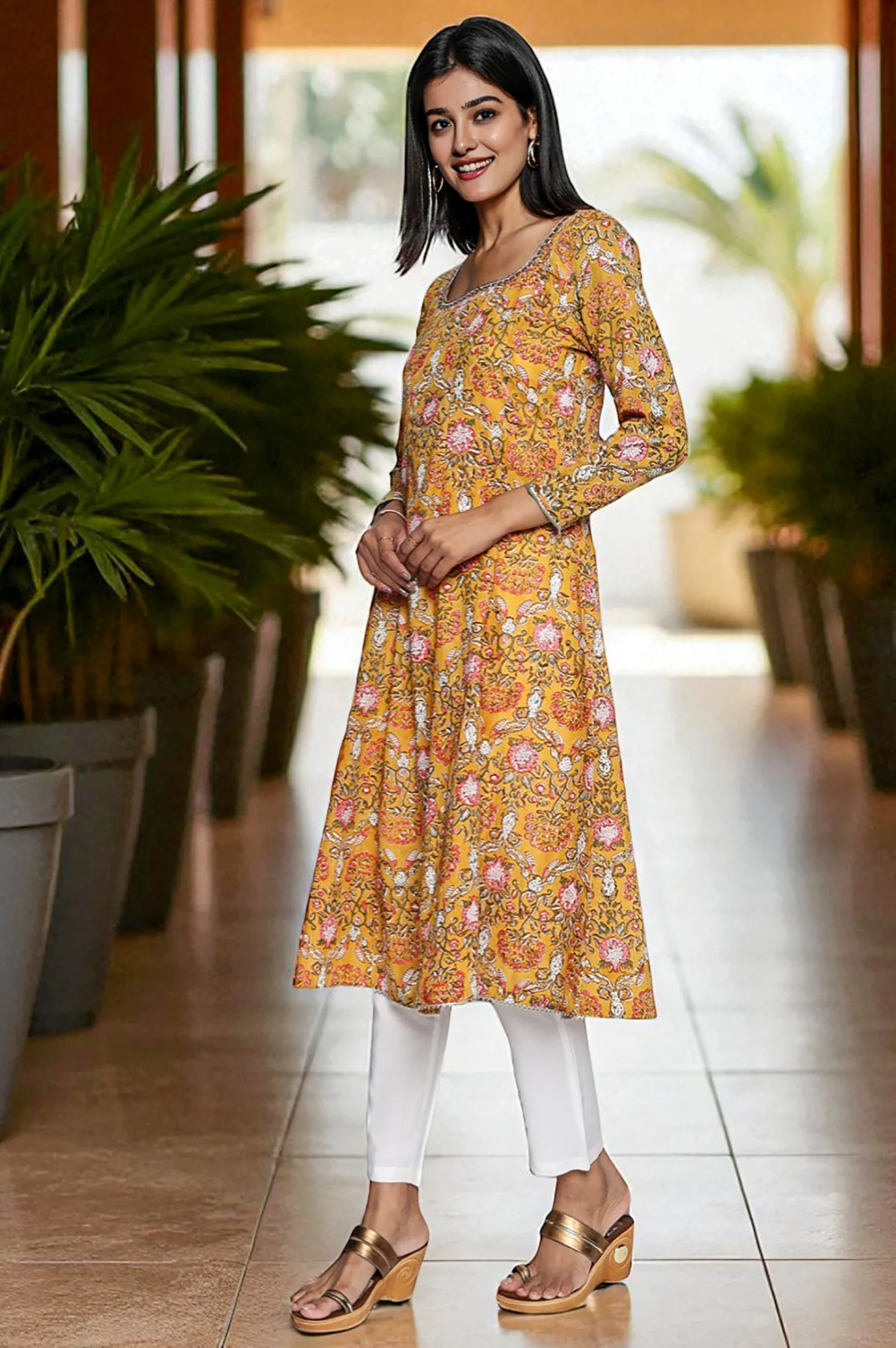 Mustard Printed Pure Cotton Flared Kurta - Image 4