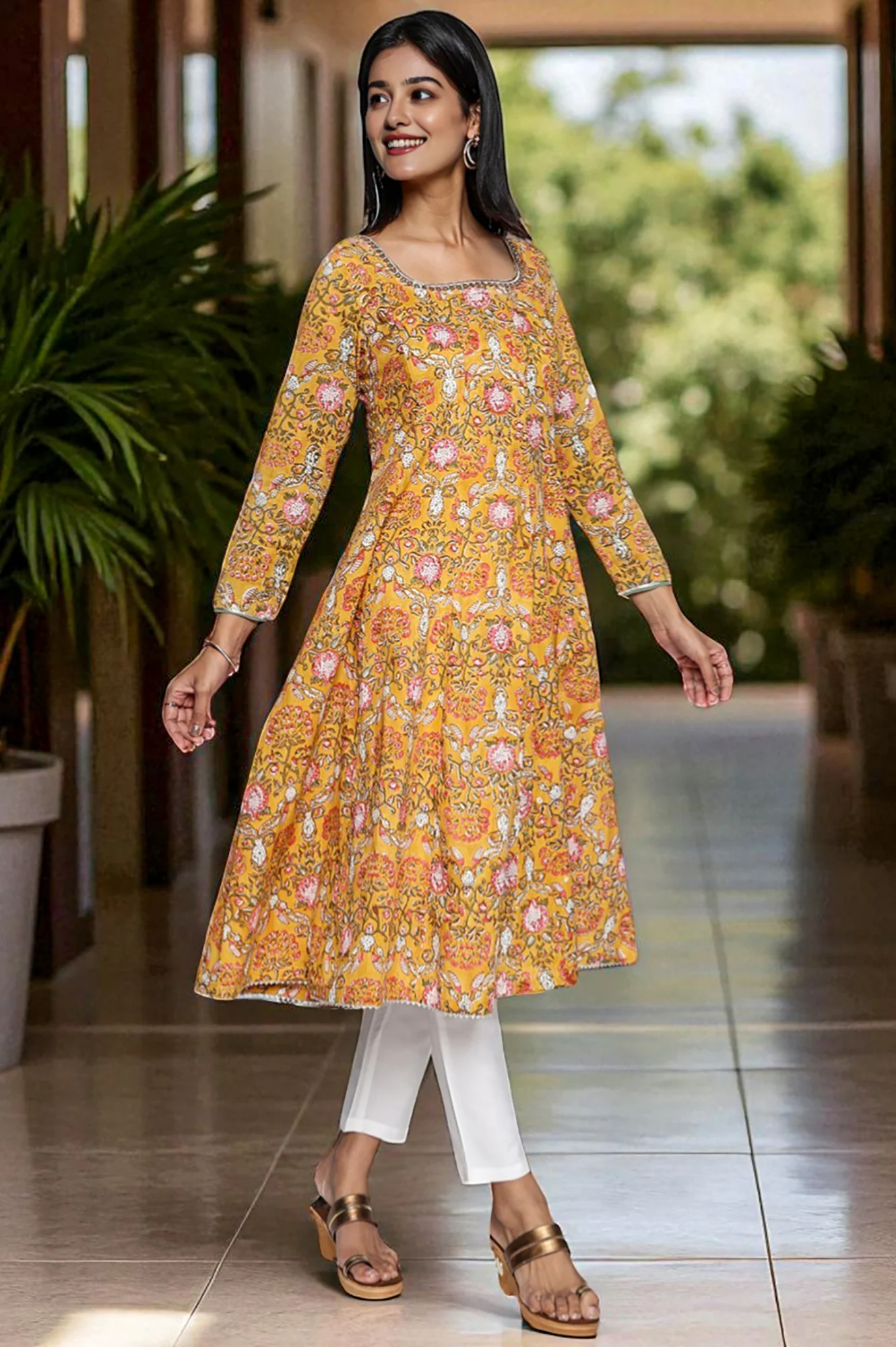 Mustard Printed Pure Cotton Flared Kurta - Image 6