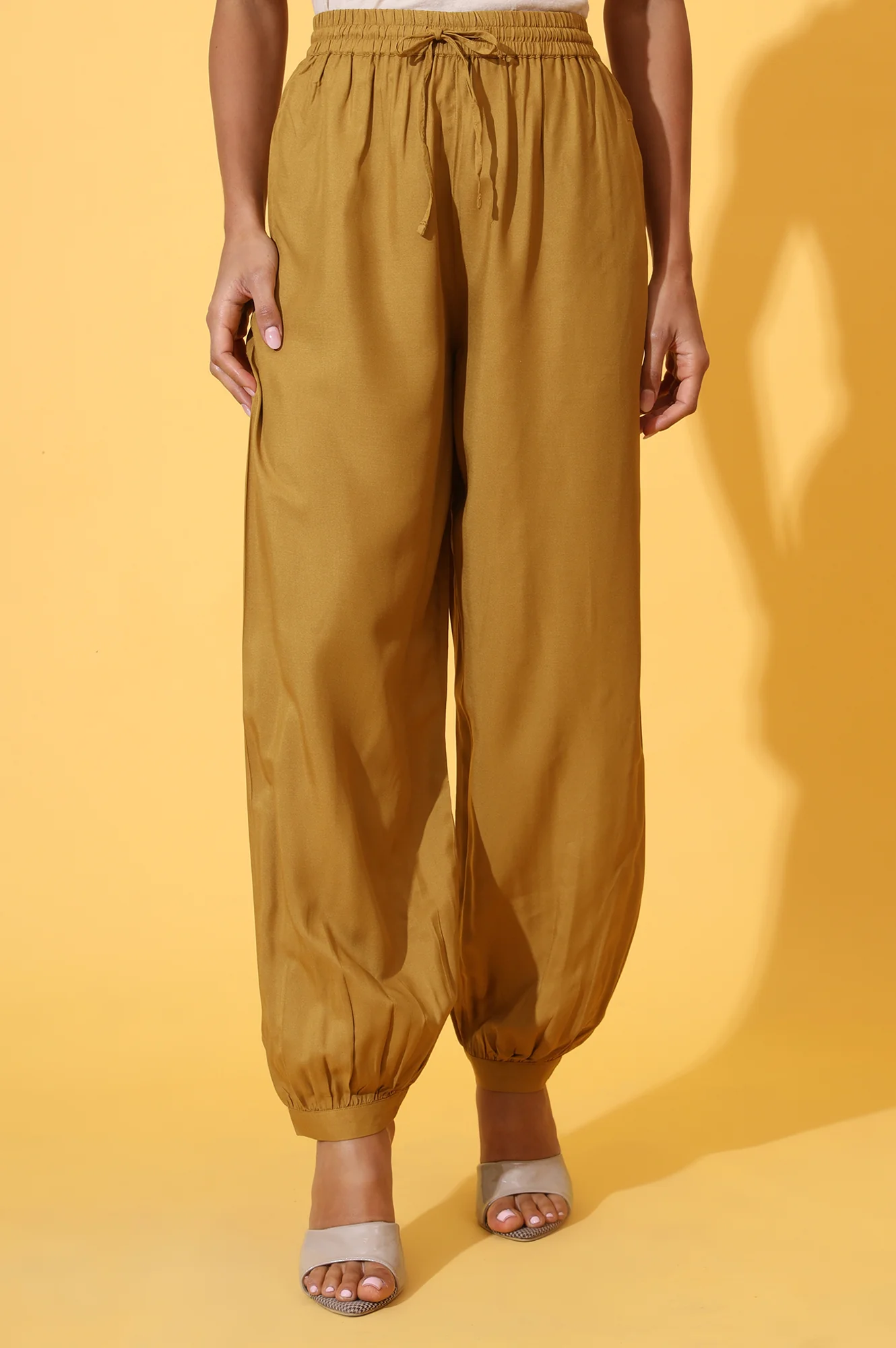 Mustard Solid Ankle Length Rayon Harem Pants - Image 2