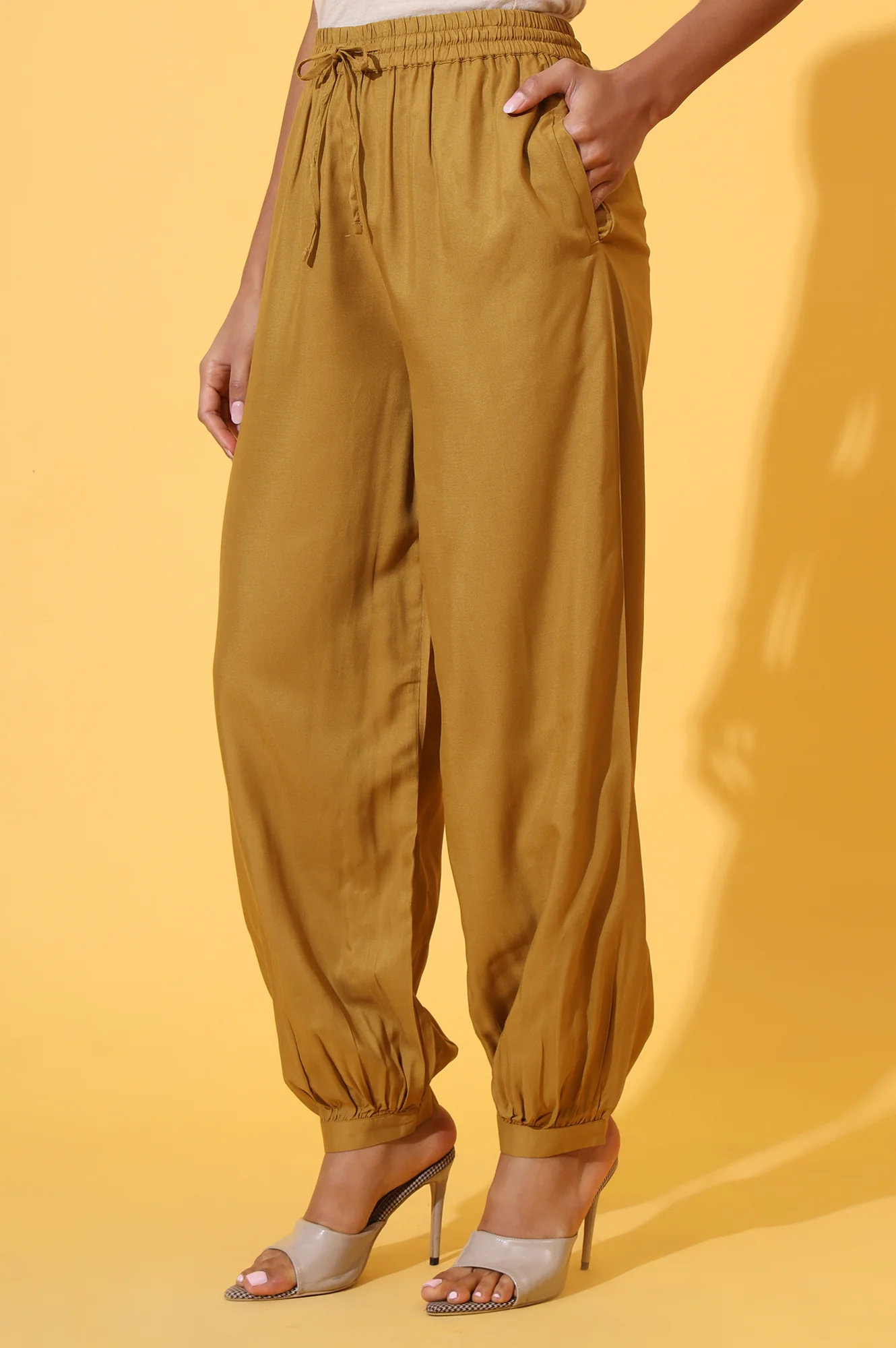 Mustard Solid Ankle Length Rayon Harem Pants - Image 3