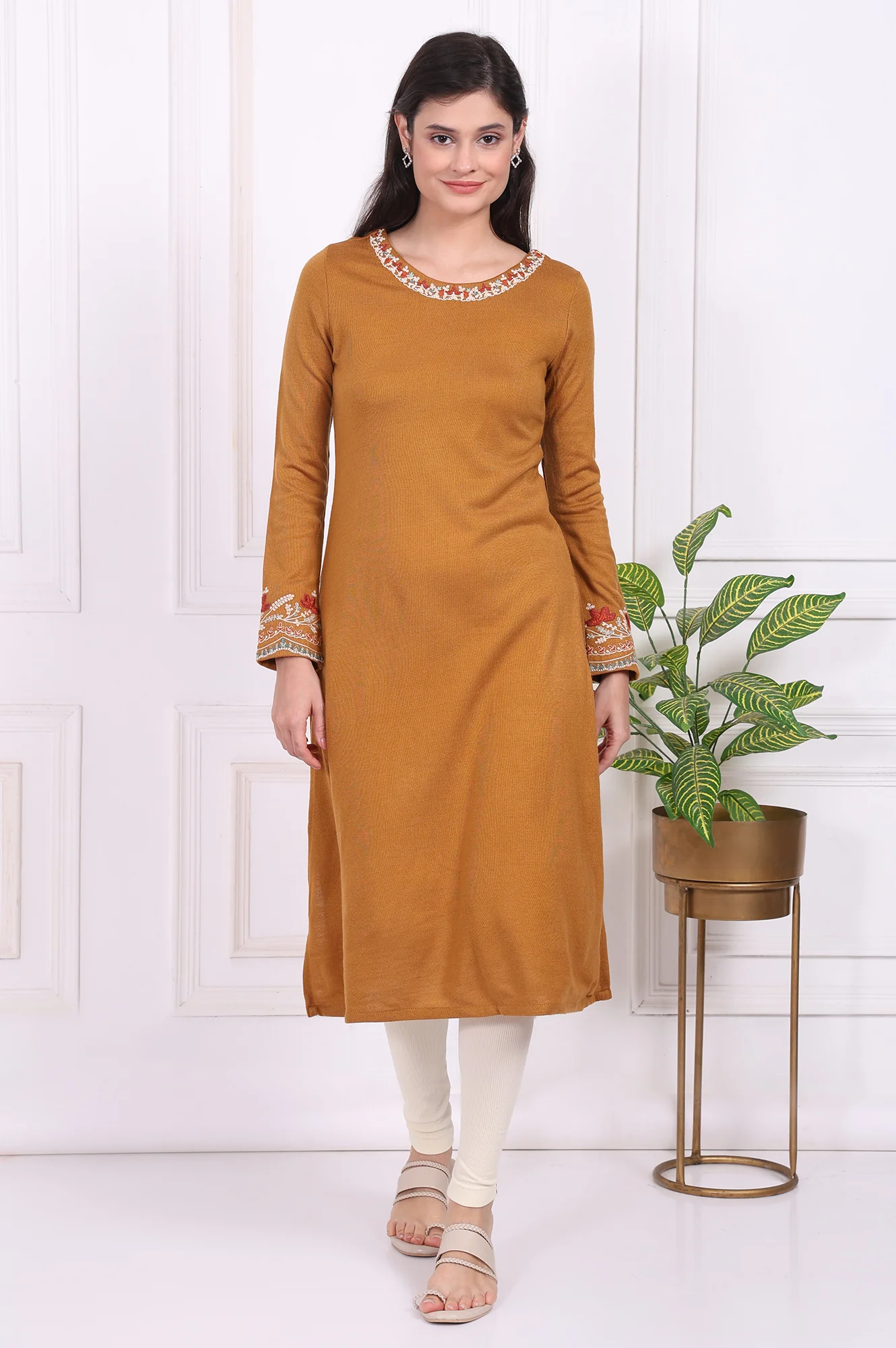 Mustard Solid Embroidered Acrylic Straight Kurta - Image 2