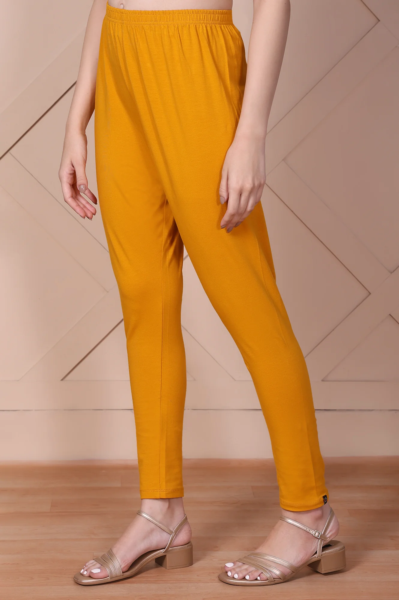 Mustard Solid High-Waisted Cotton Tights - Image 2