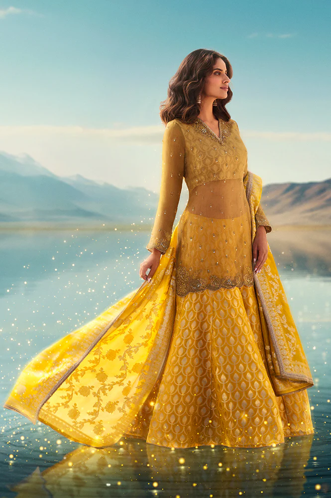Mustard Solid Printed Silk Organza Straight Kurta, Culotte and Dupatta Set
