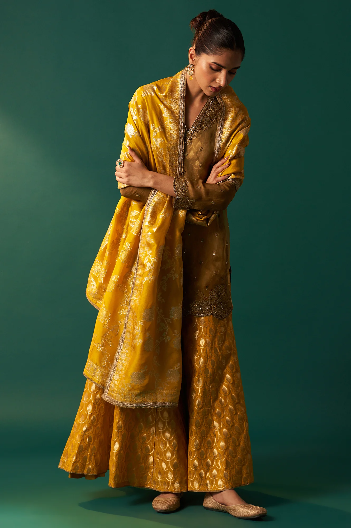 Mustard Solid Printed Silk Organza Straight Kurta, Culotte and Dupatta Set - Image 2