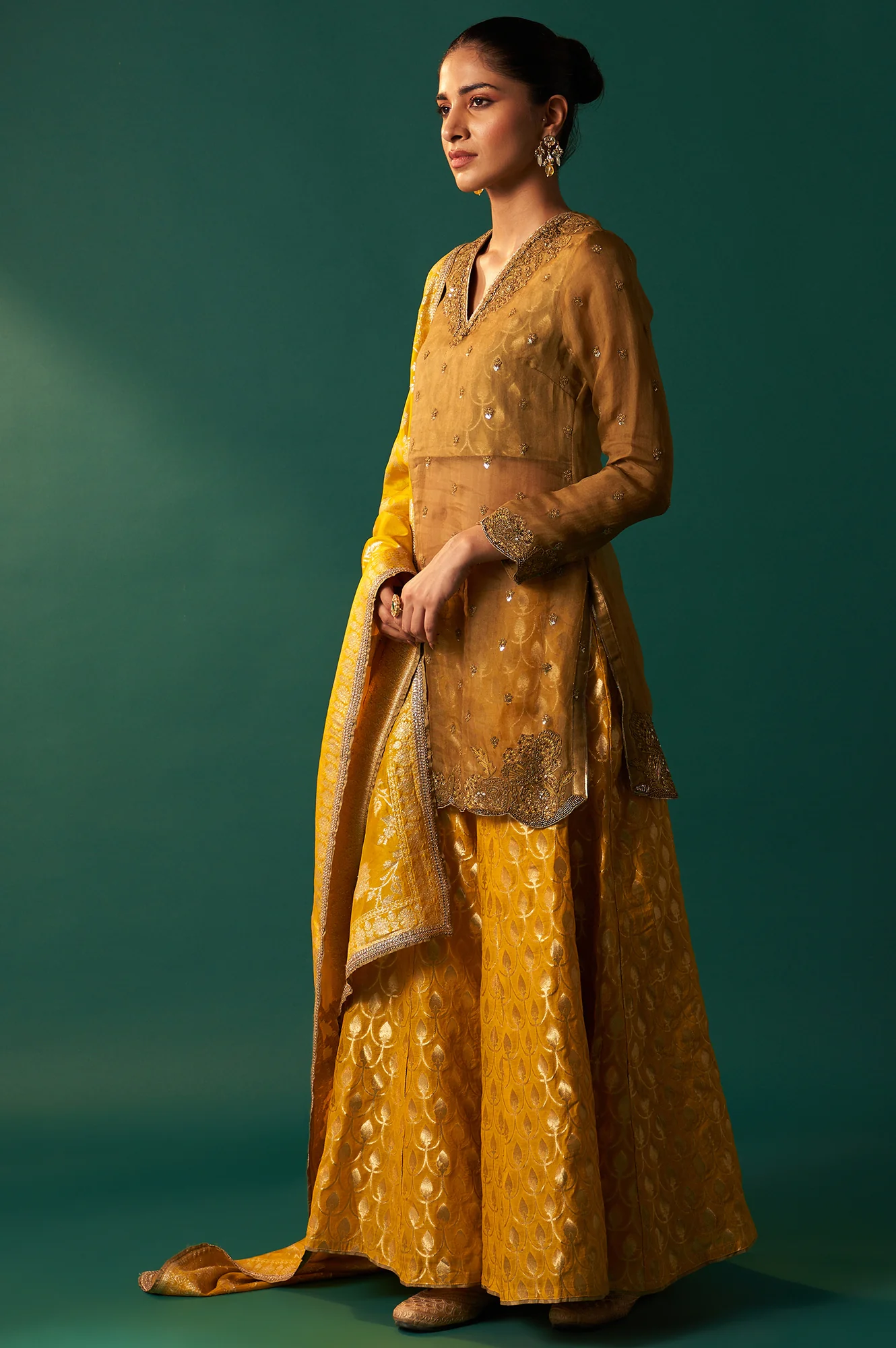 Mustard Solid Printed Silk Organza Straight Kurta, Culotte and Dupatta Set - Image 5