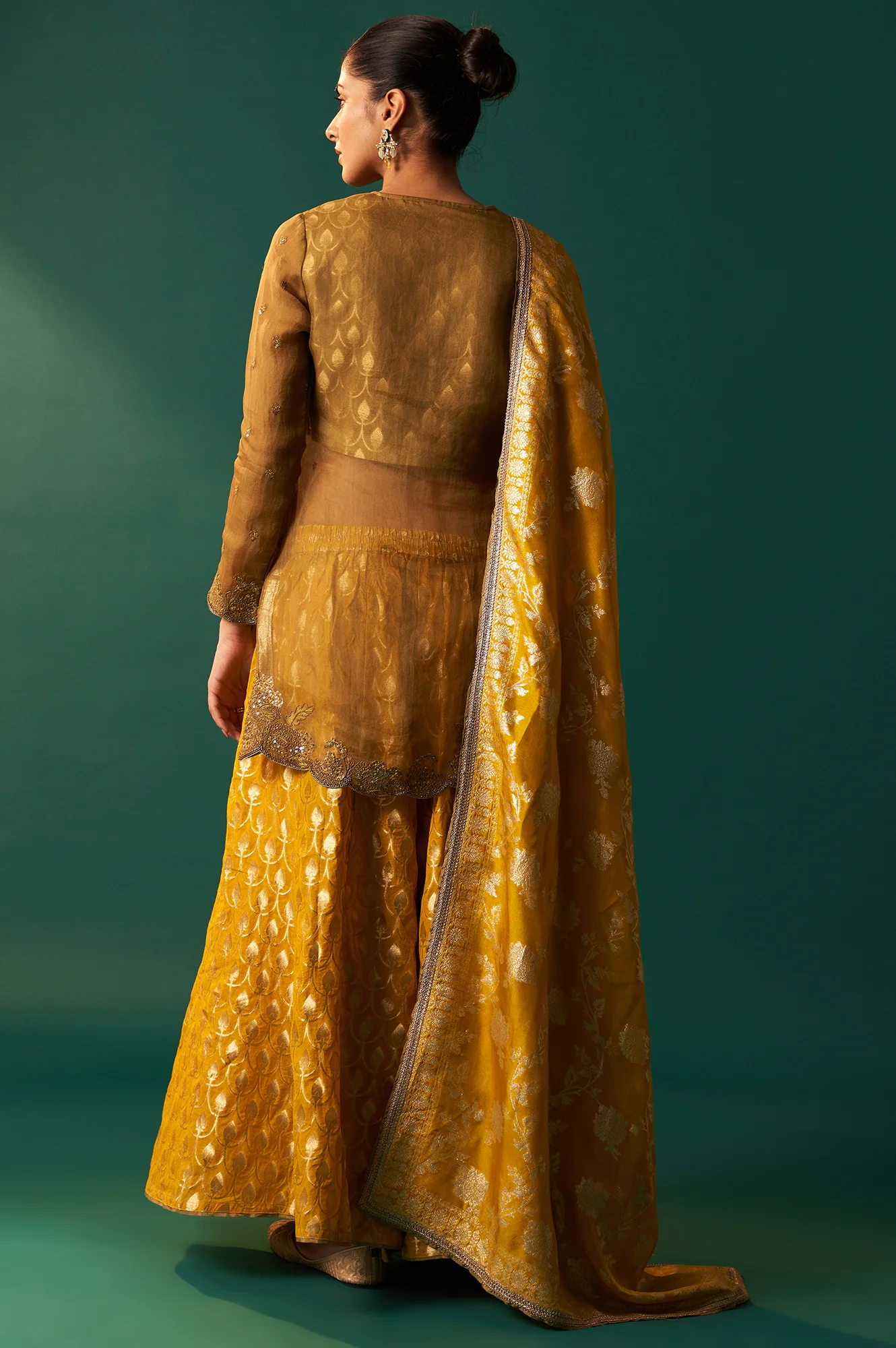 Mustard Solid Printed Silk Organza Straight Kurta, Culotte and Dupatta Set - Image 6