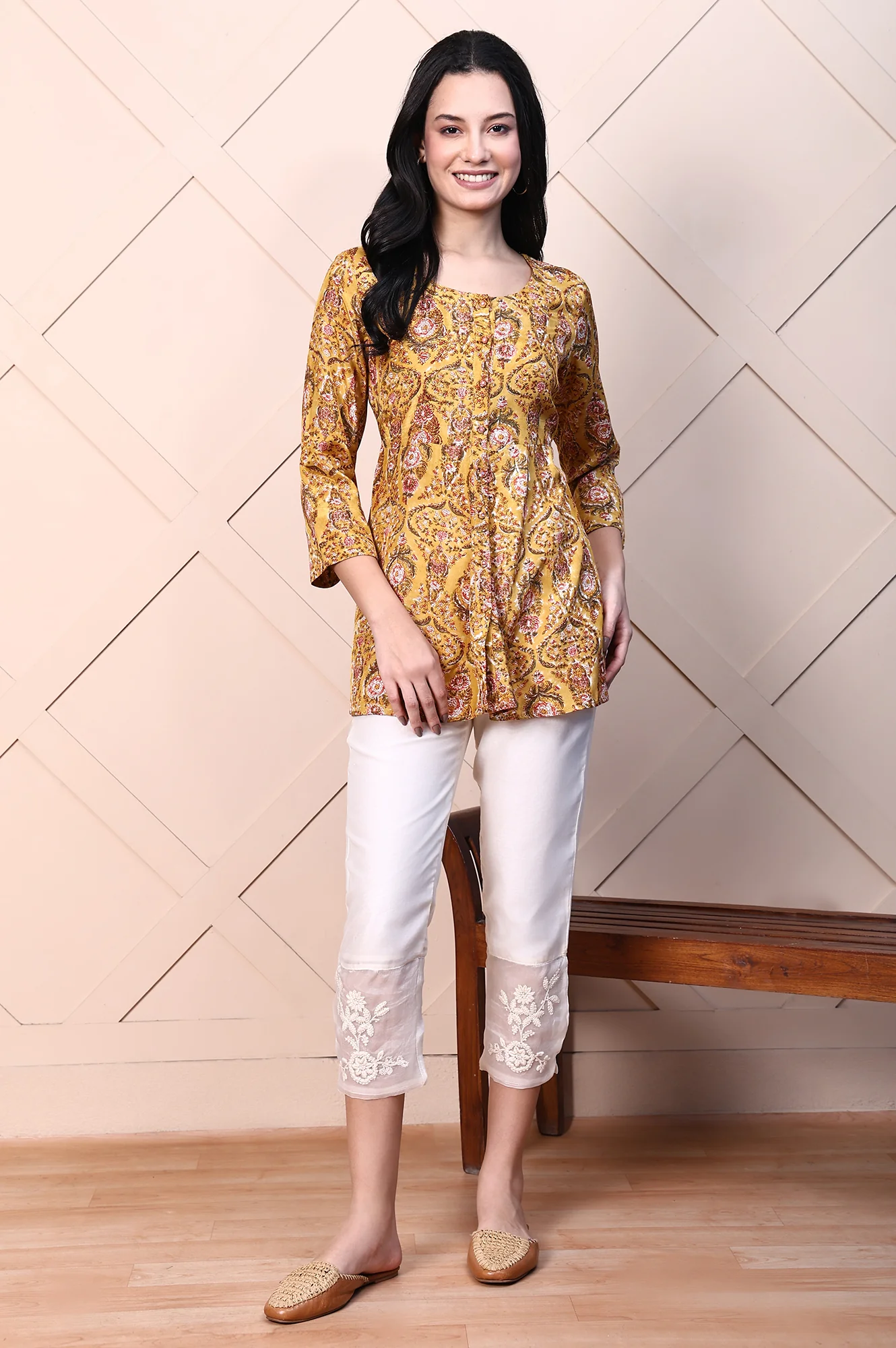 Mustard Yellow Block Printed Mirror Work Flared Top - Image 2