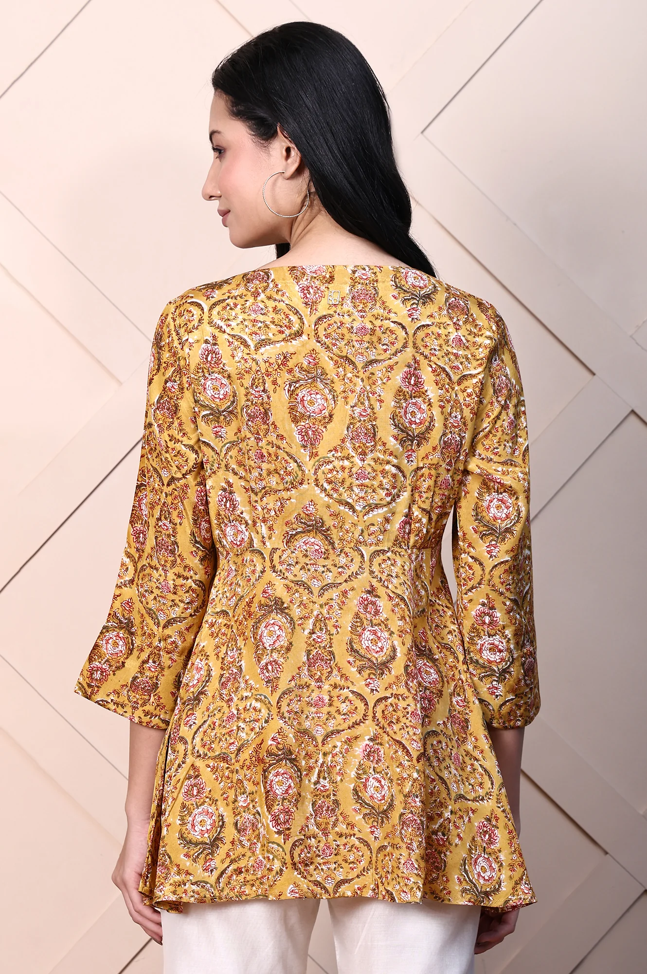 Mustard Yellow Block Printed Mirror Work Flared Top - Image 5