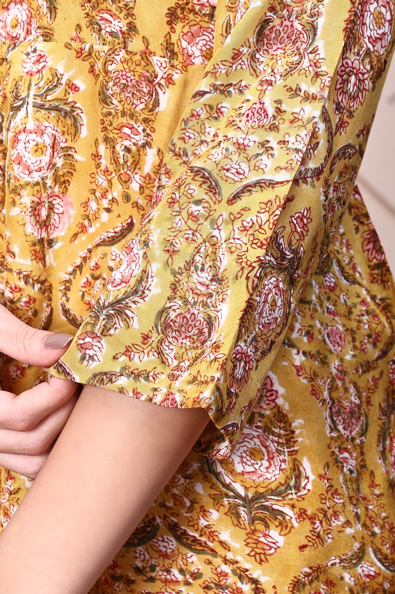 Mustard Yellow Block Printed Mirror Work Flared Top - Image 7
