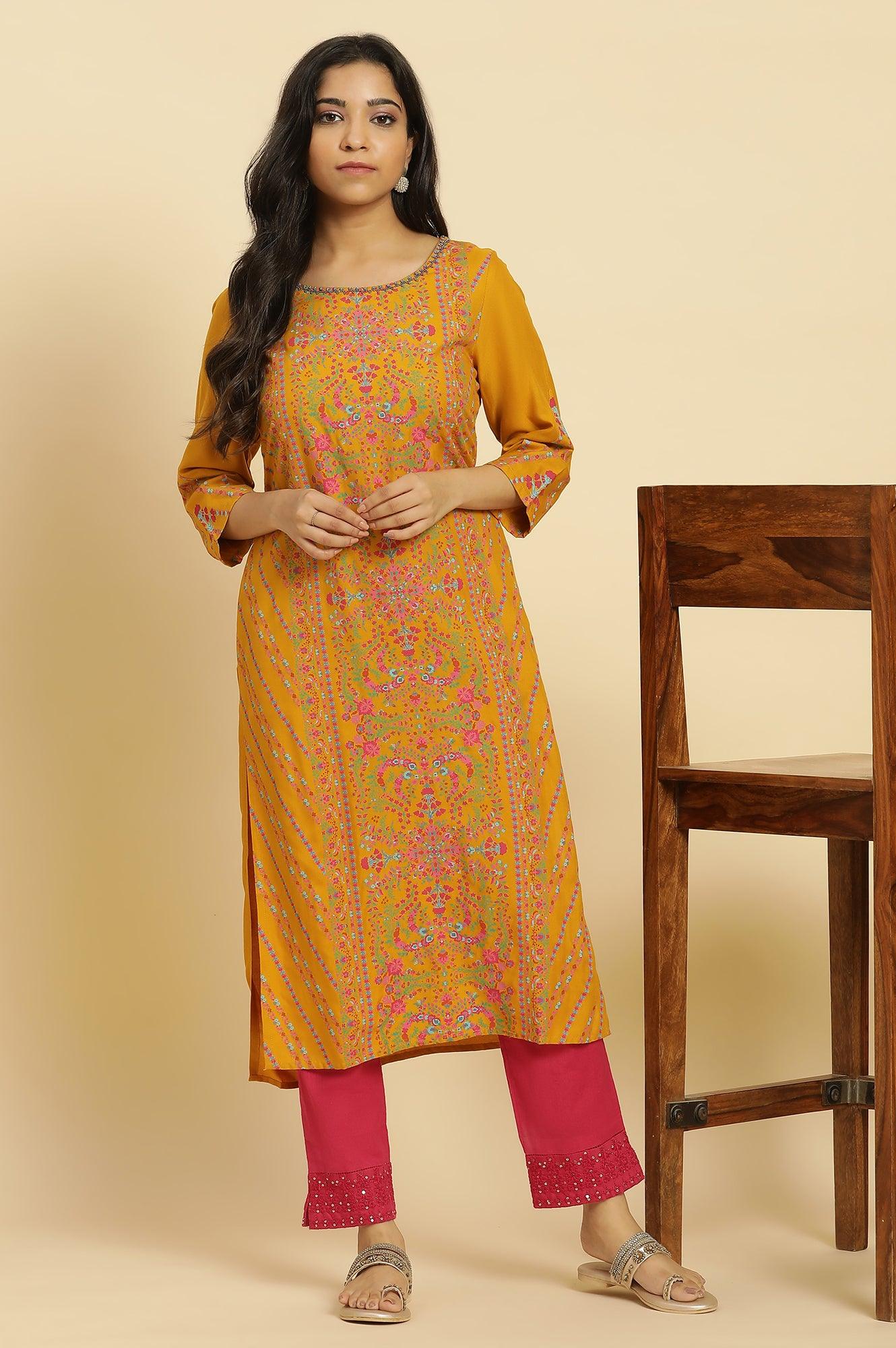 Mustard Yellow Floral Pleated Kurta In Round Neck