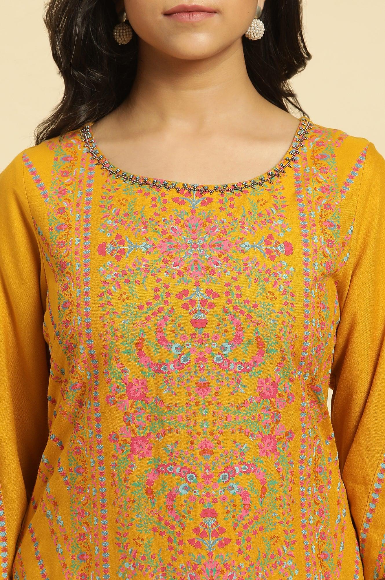 Mustard Yellow Floral Pleated Kurta In Round Neck - Image 6