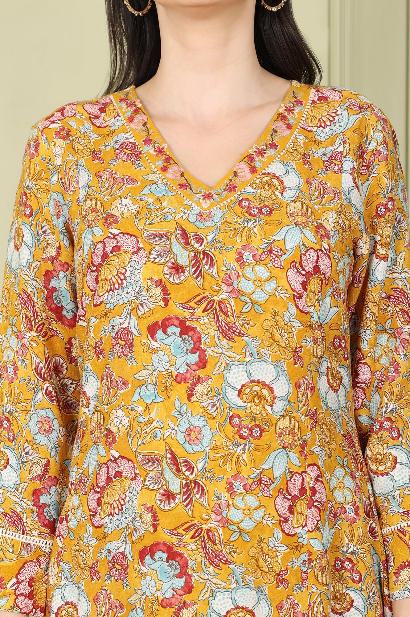 Mustard Yellow Floral Printed Breezy Rayon A-Line Kurta And Pants Set - Image 3