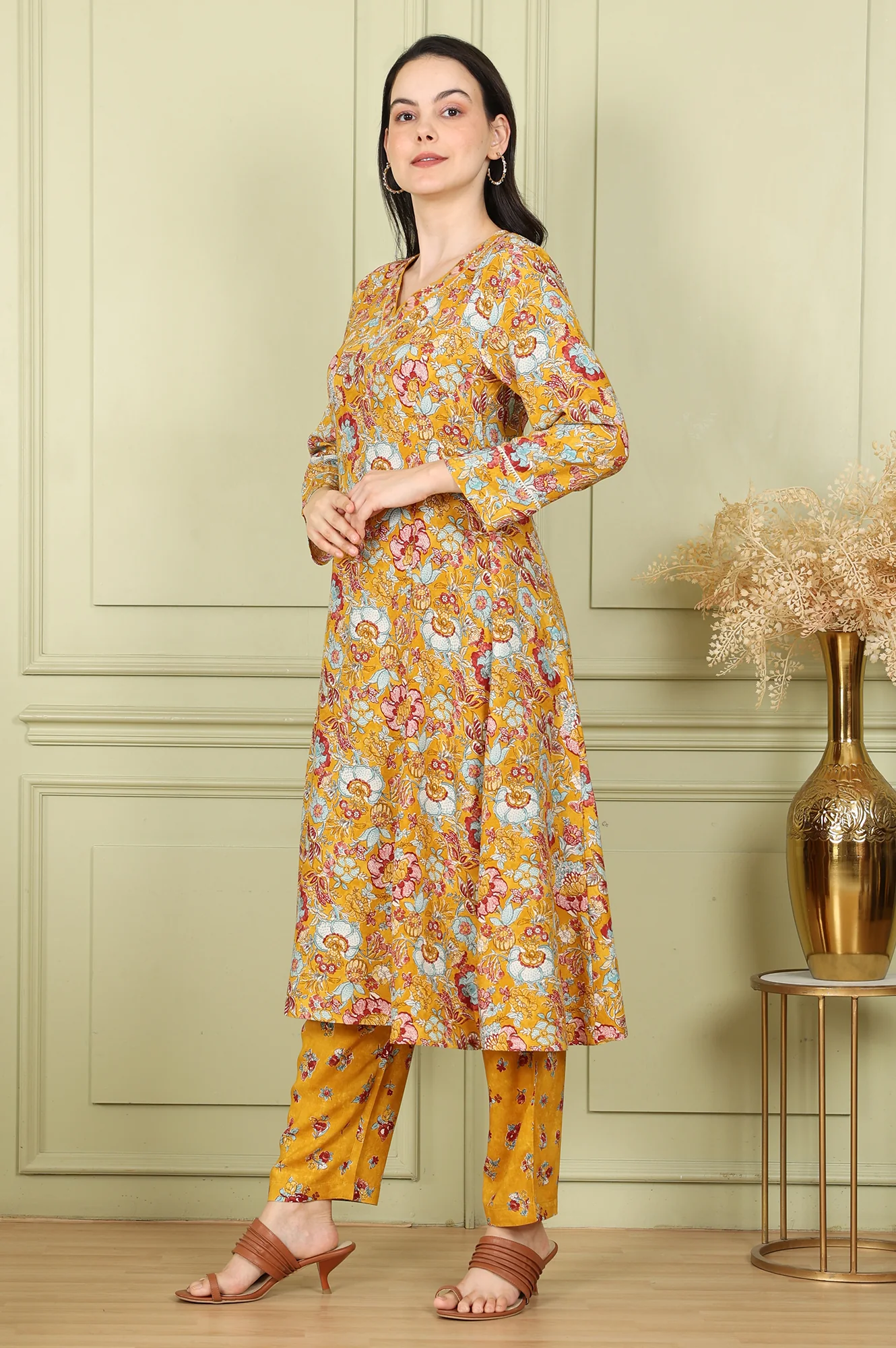 Mustard Yellow Floral Printed Breezy Rayon A-Line Kurta And Pants Set - Image 4