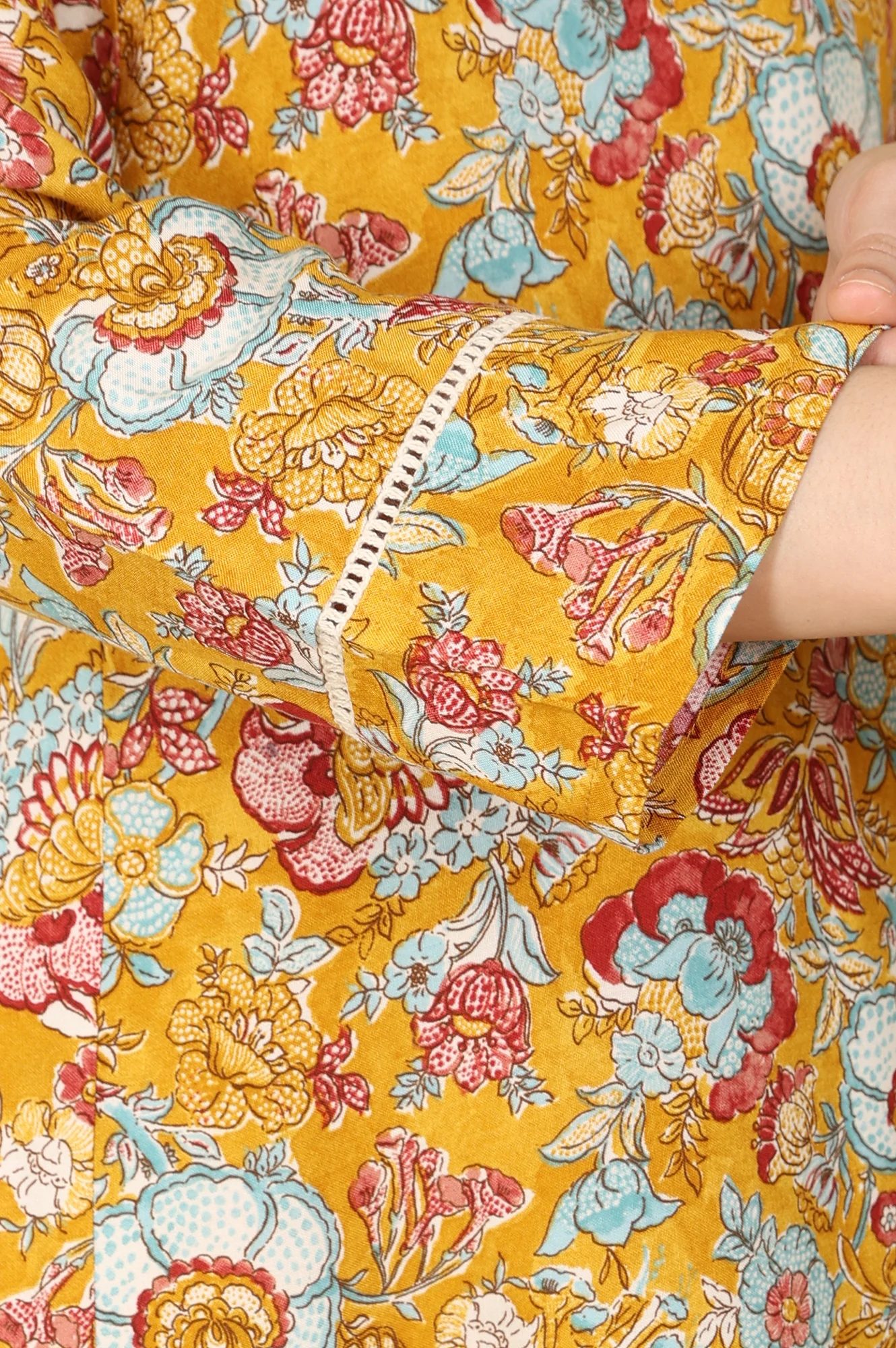 Mustard Yellow Floral Printed Breezy Rayon A-Line Kurta And Pants Set - Image 7