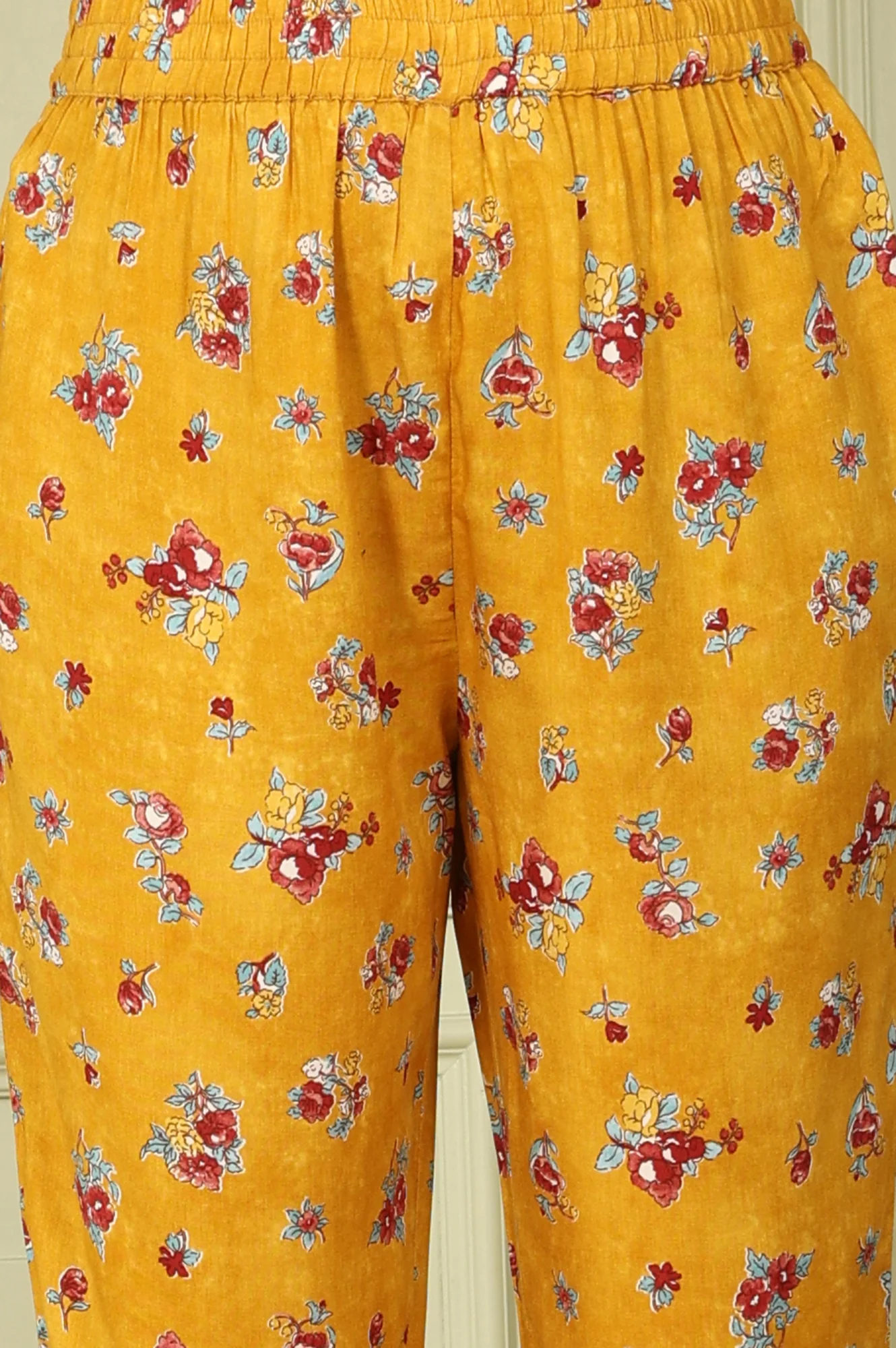 Mustard Yellow Floral Printed Breezy Rayon A-Line Kurta And Pants Set - Image 8