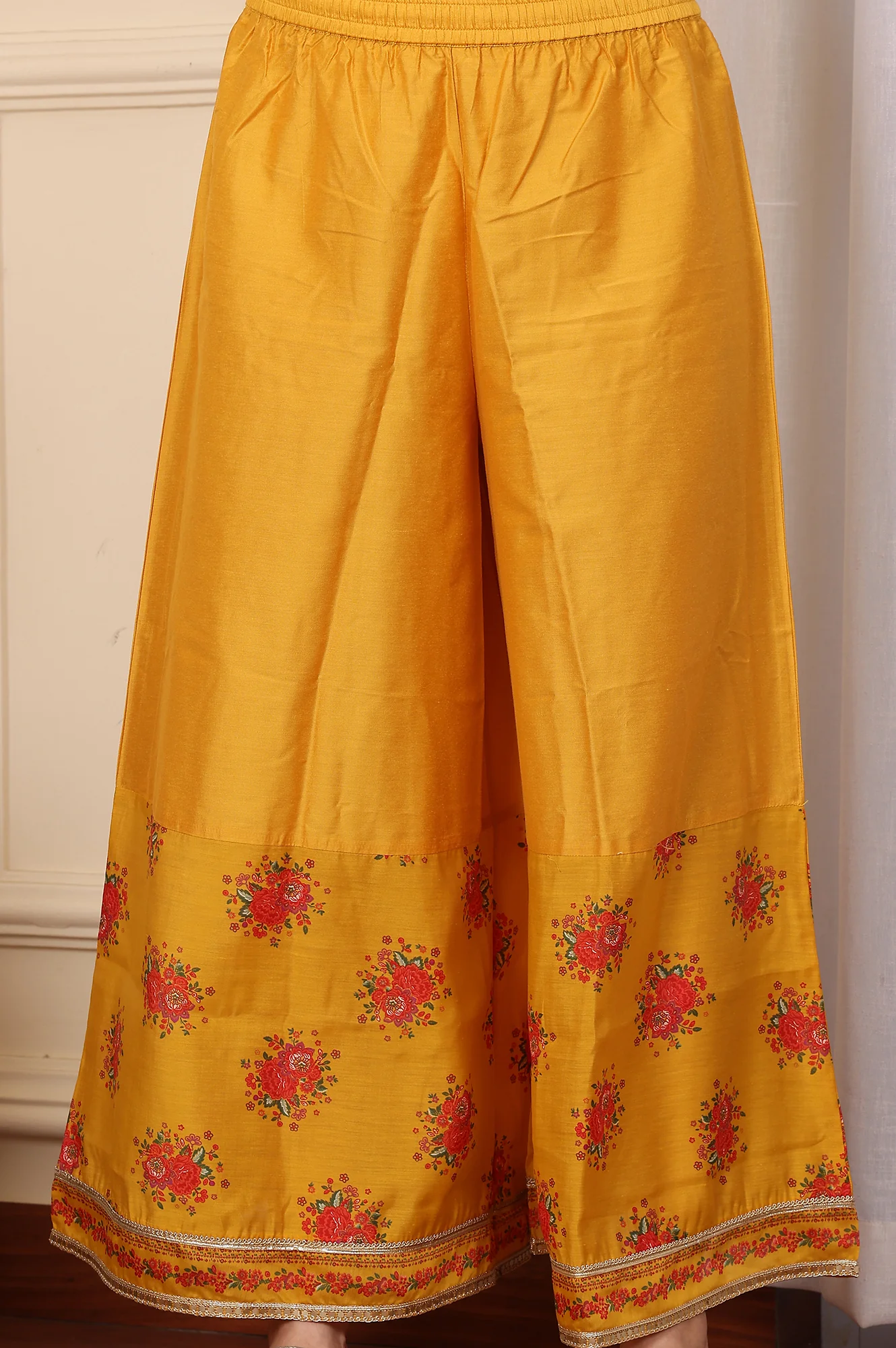 Mustard Yellow Floral Printed Chanderi Anarkali Kurta With Embroidery, Flared Pants And Dupatta Set - Image 8
