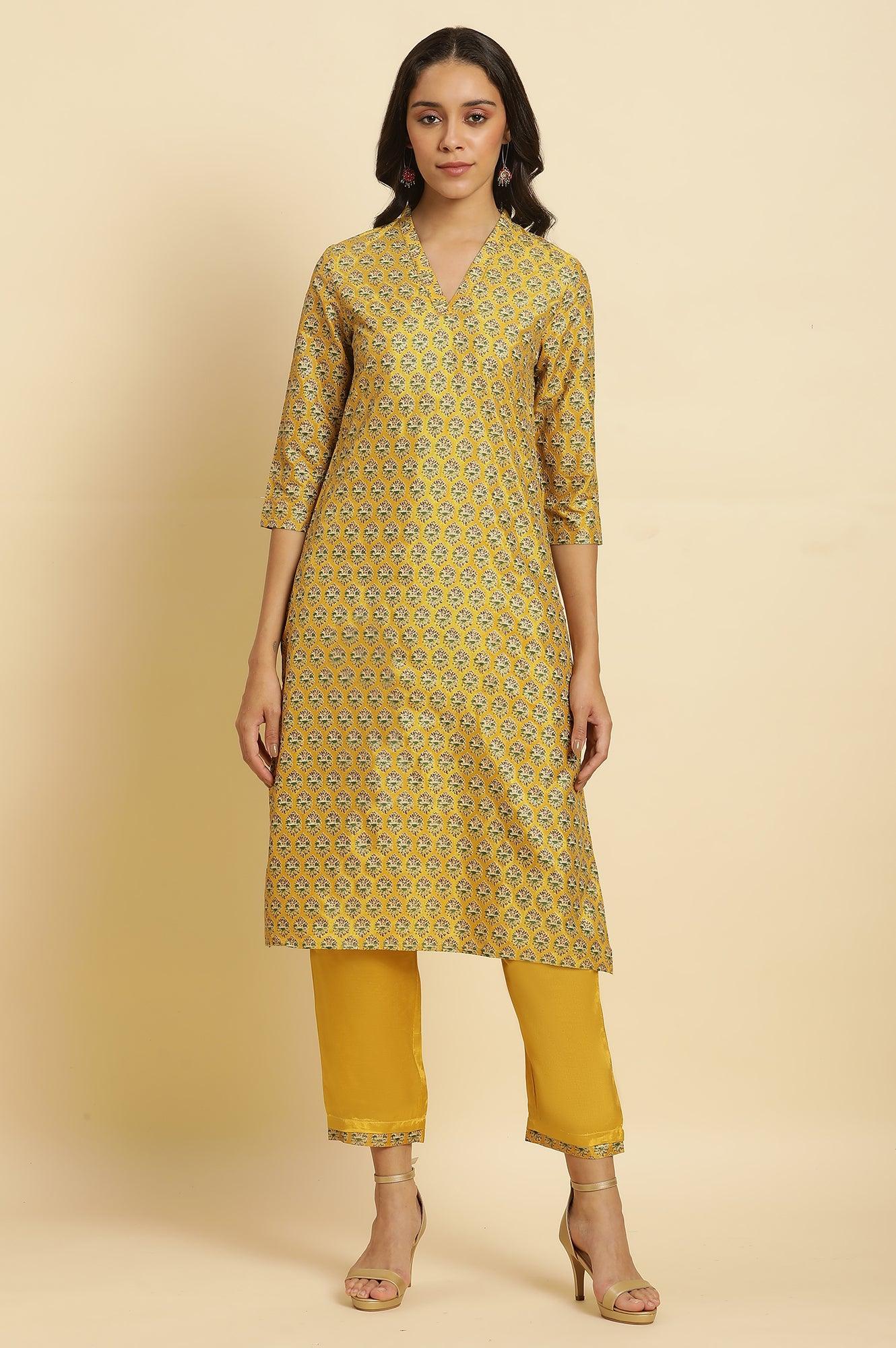 Mustard Yellow Glitter Printed Kurta Set - Image 2