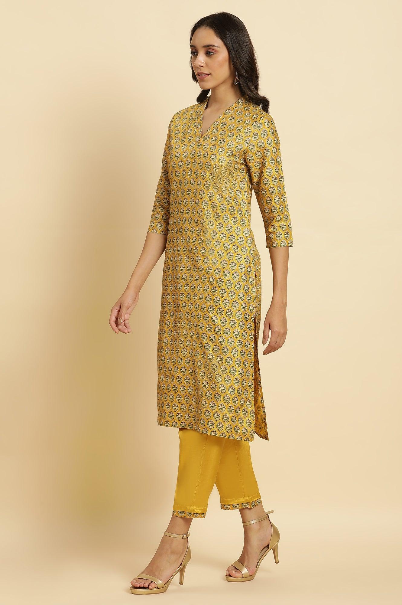 Mustard Yellow Glitter Printed Kurta Set - Image 3