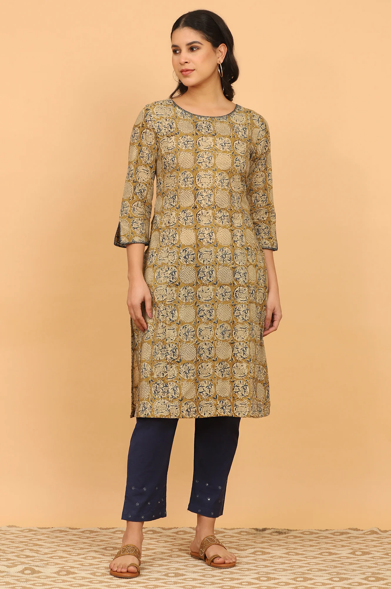 Mustard Yellow Handblock Print Kalamkari Kurta - Image 3