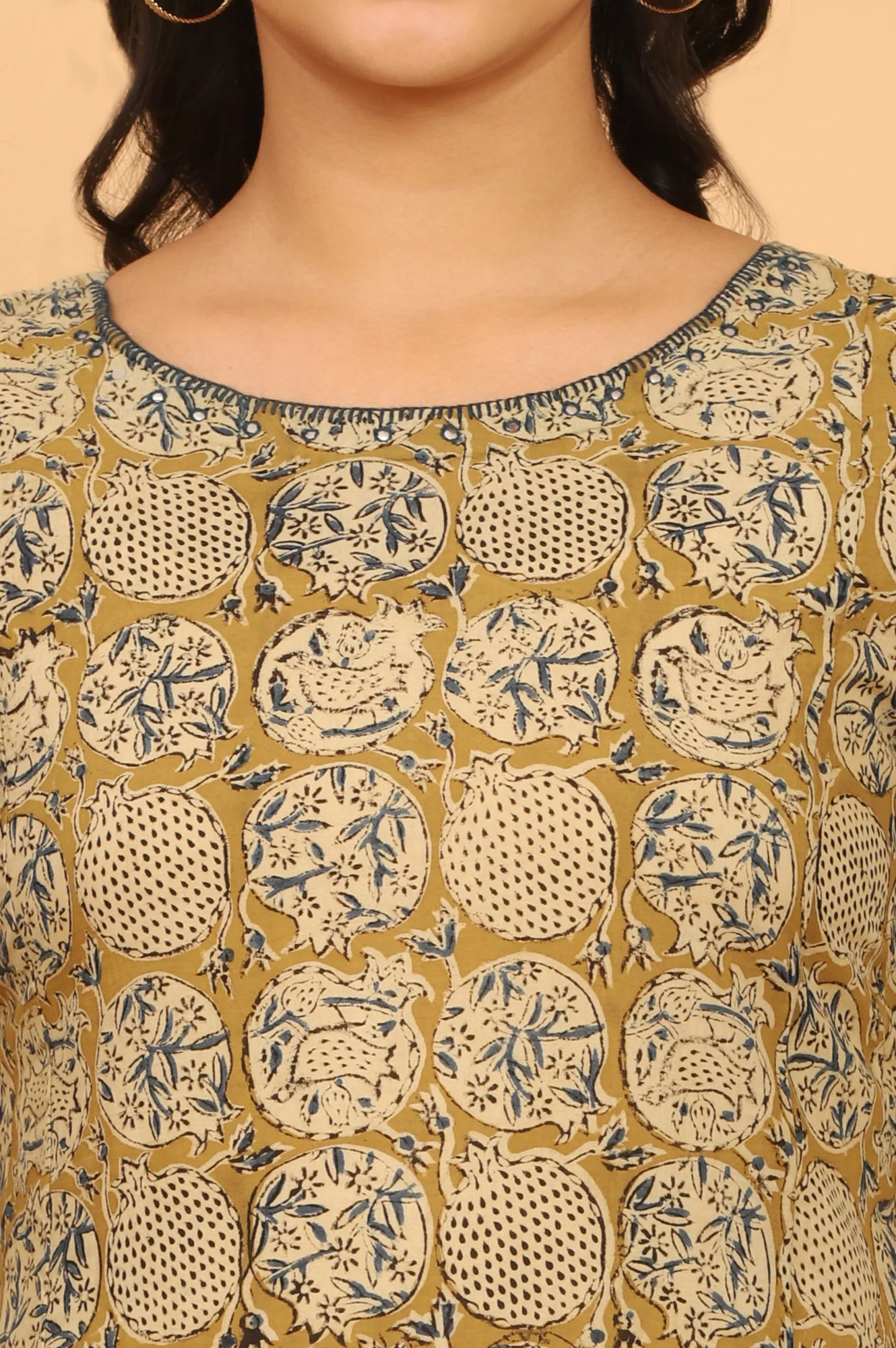 Mustard Yellow Handblock Print Kalamkari Kurta - Image 4