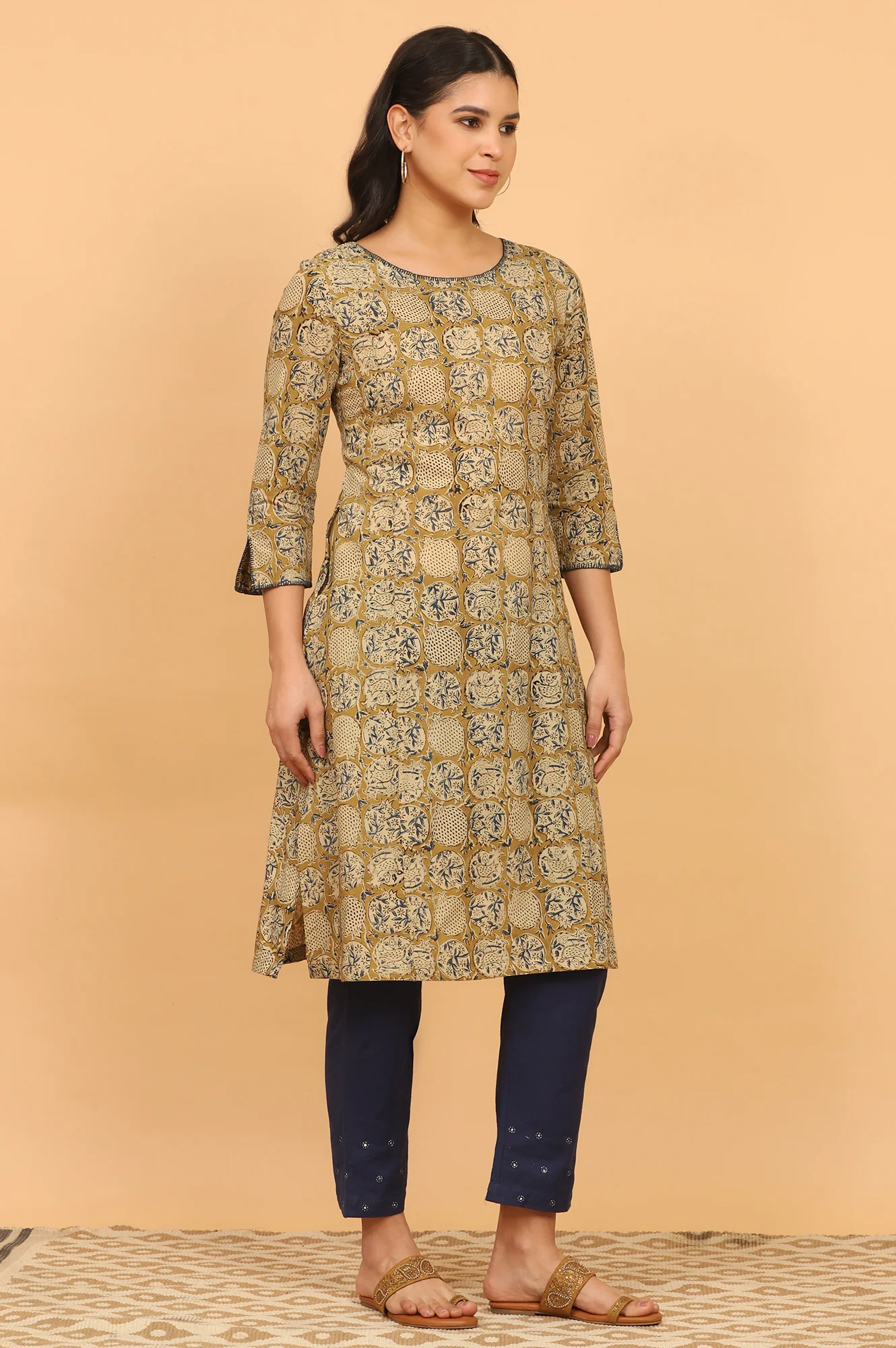 Mustard Yellow Handblock Print Kalamkari Kurta - Image 7
