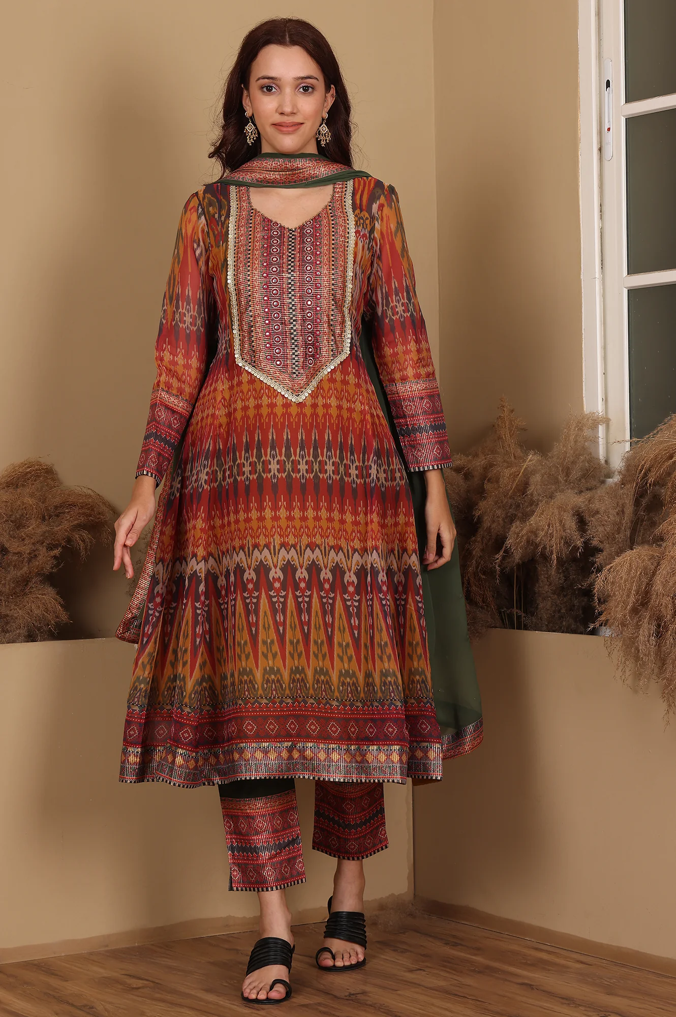 Mustard Yellow Ikkat Printed Embellished Organza Anarkali Kurta, Pants And Dupatta Set - Image 2