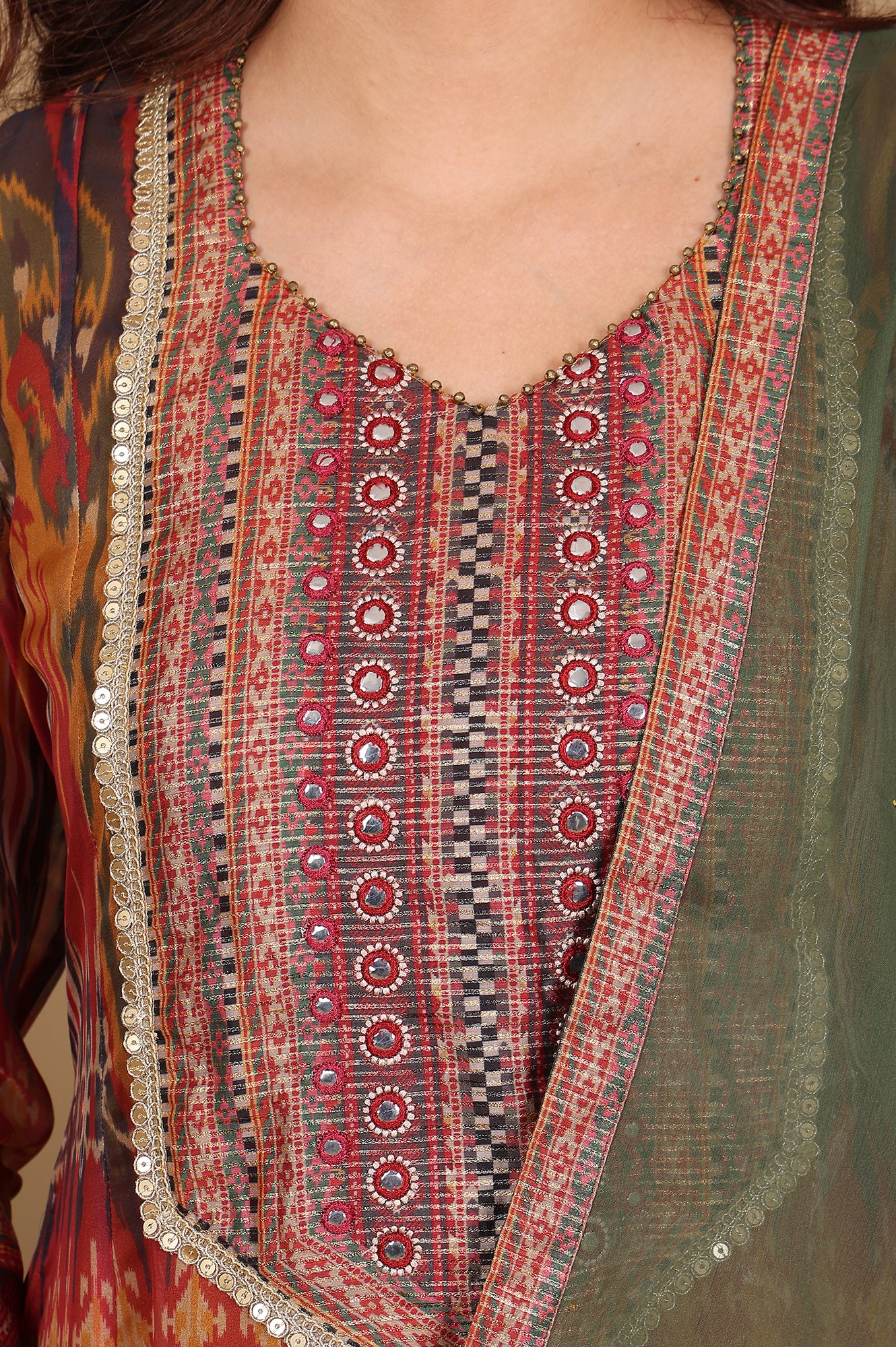 Mustard Yellow Ikkat Printed Embellished Organza Anarkali Kurta, Pants And Dupatta Set - Image 3