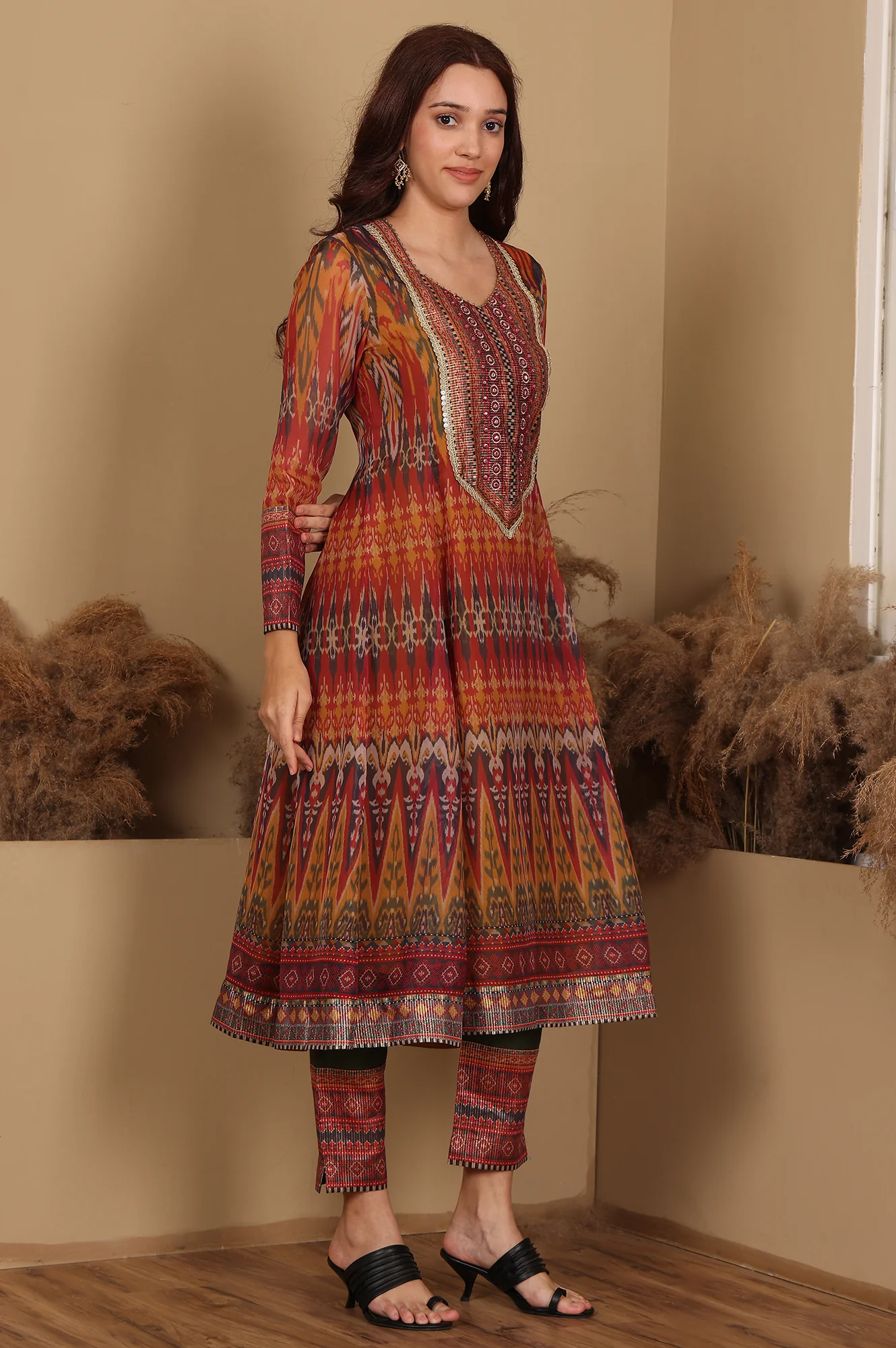 Mustard Yellow Ikkat Printed Embellished Organza Anarkali Kurta, Pants And Dupatta Set - Image 4